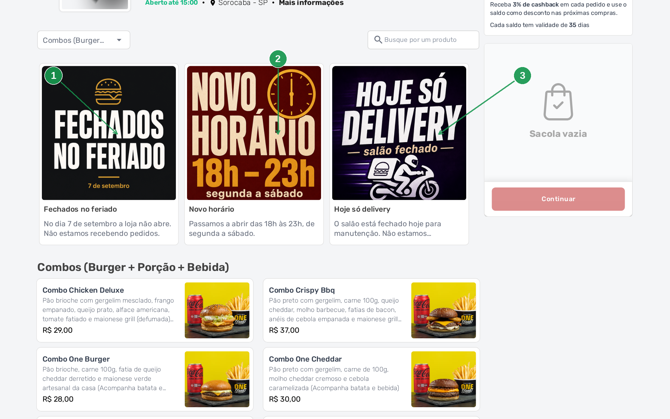 Cardápio digital no computador mostrando os três avisos entre o filtro de categorias e os produtos