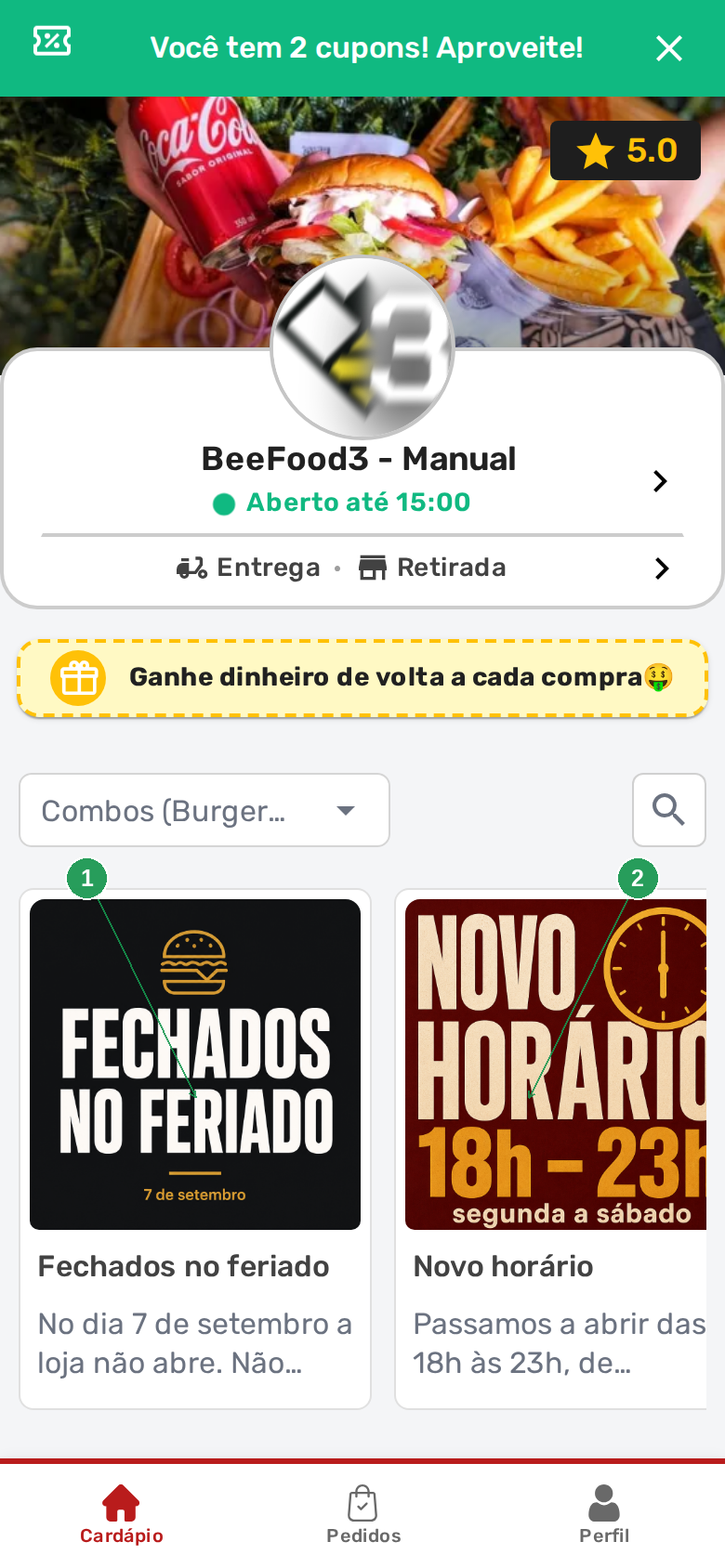 Cardápio digital no celular com carrossel de avisos mostrando um card e meio