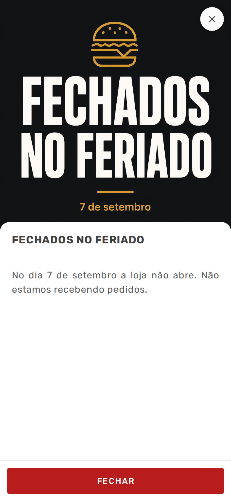 Modal do aviso aberto no celular com botão FECHAR
