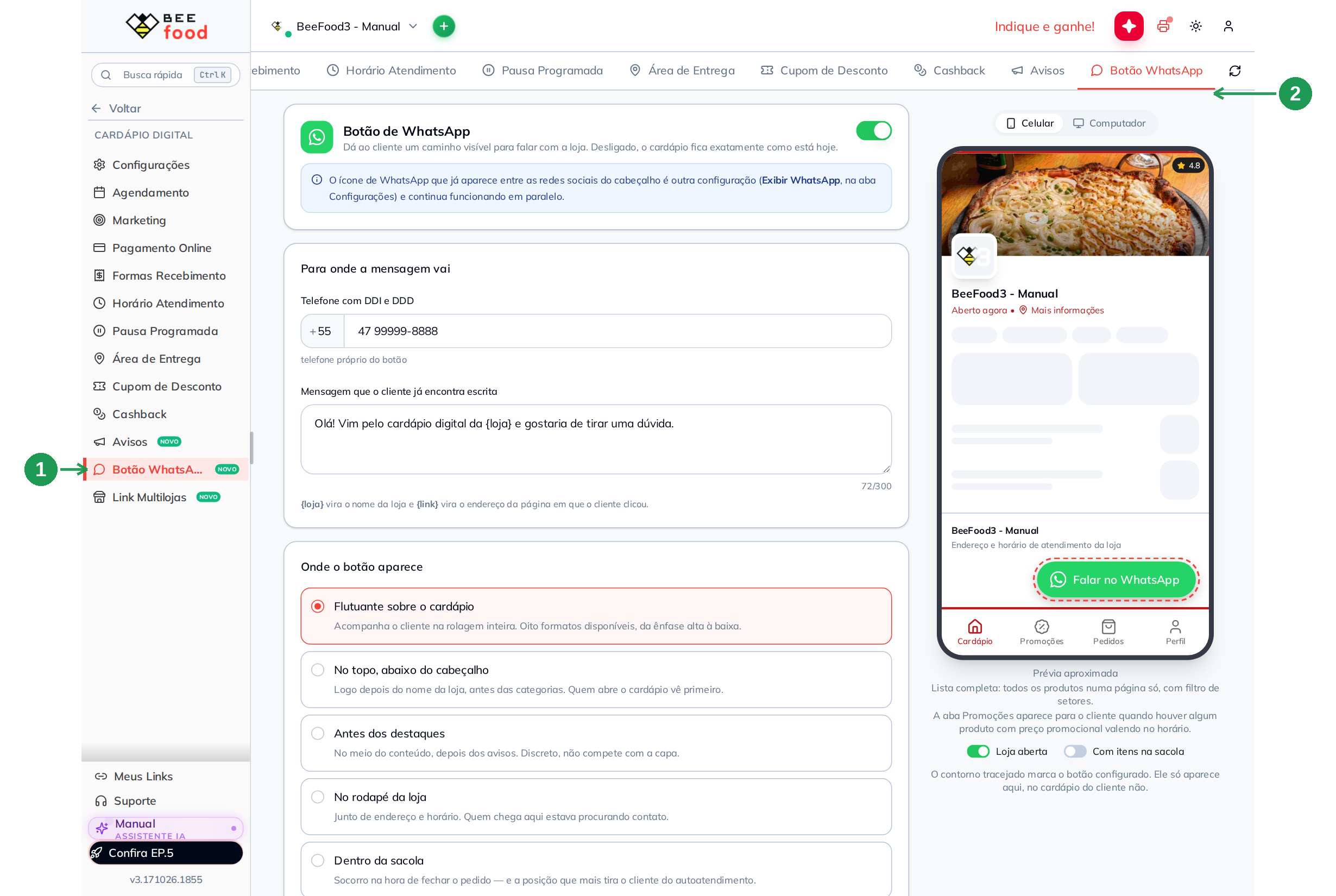 Aba Botão WhatsApp no Cardápio Digital