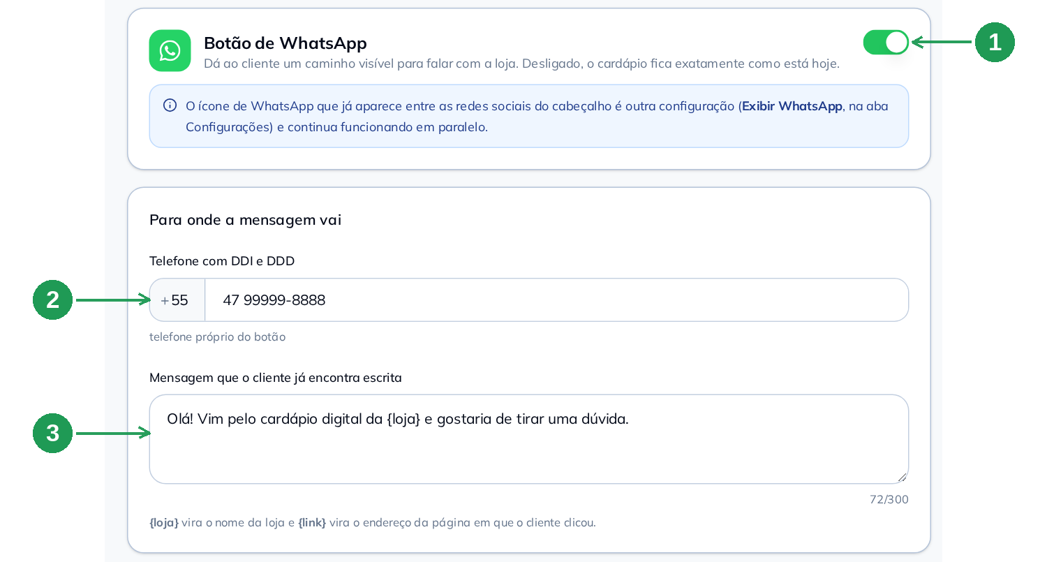 Configuração da chave, do telefone e da mensagem do botão WhatsApp