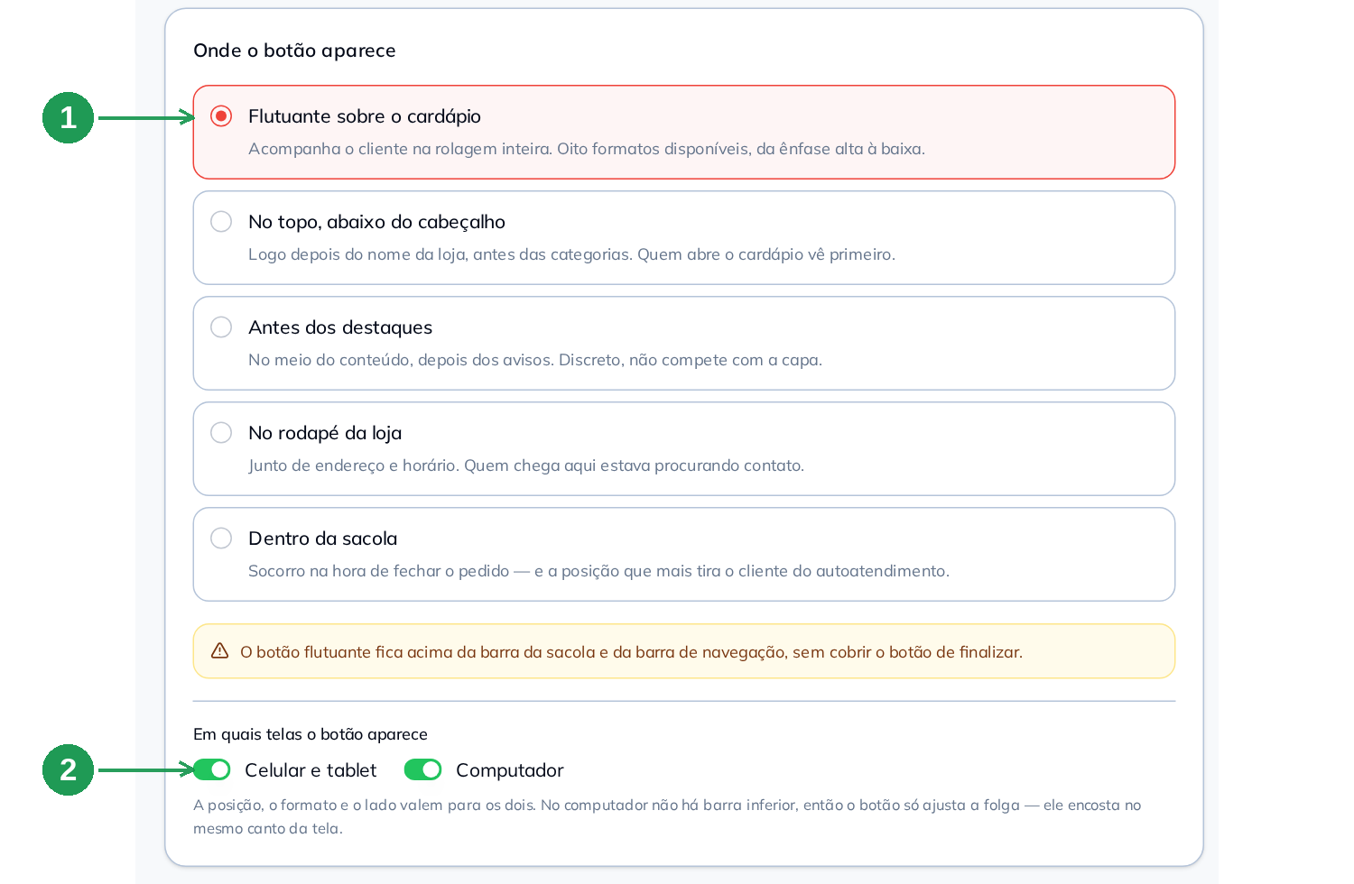 Configuração da posição e das telas em que o botão WhatsApp aparece