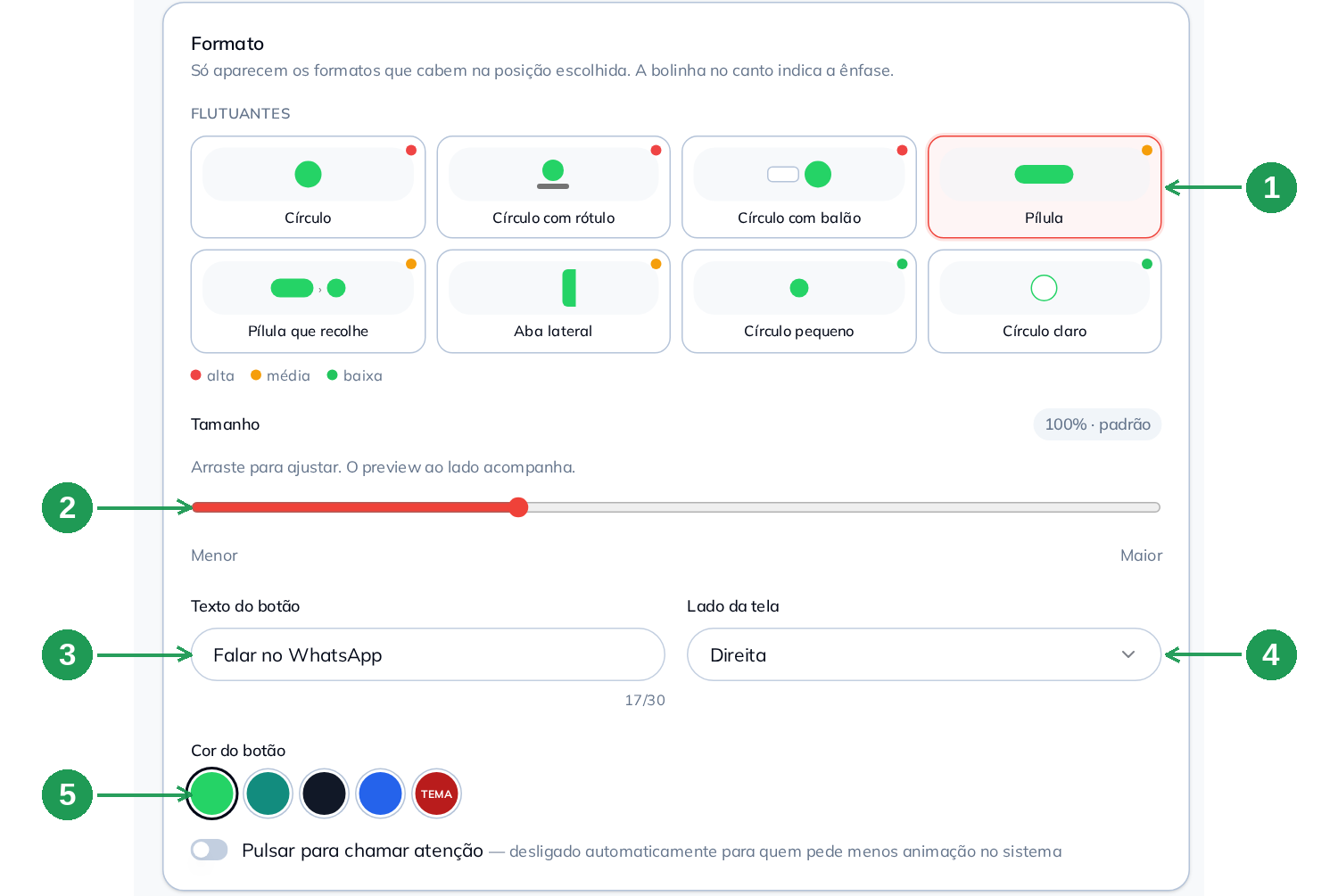 Configuração do formato, tamanho, texto, lado e cor do botão WhatsApp