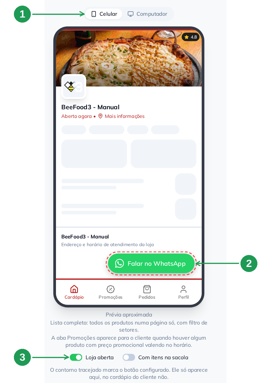Prévia do cardápio digital com o botão WhatsApp configurado