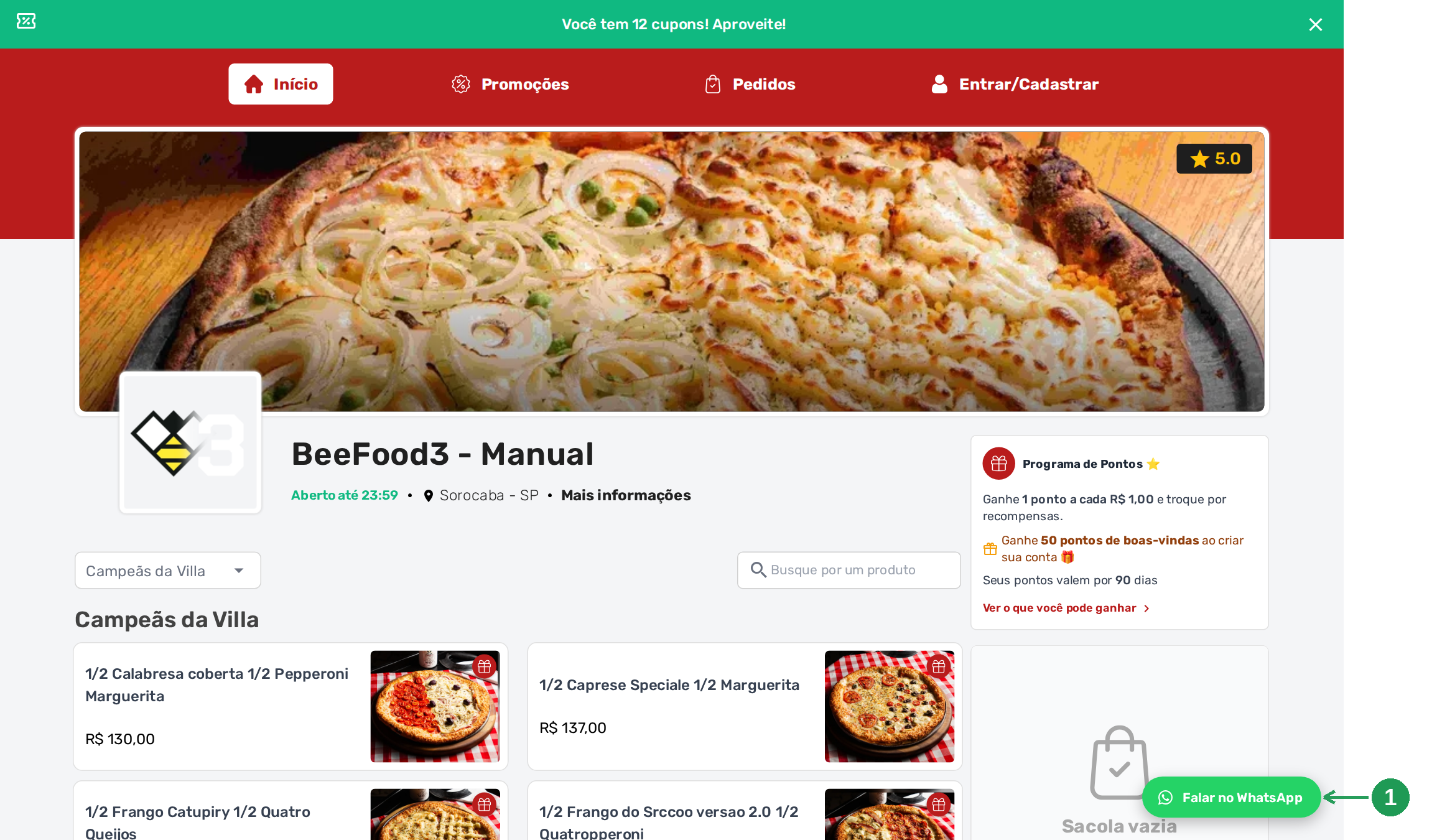 Botão Falar no WhatsApp no canto inferior direito do cardápio no computador