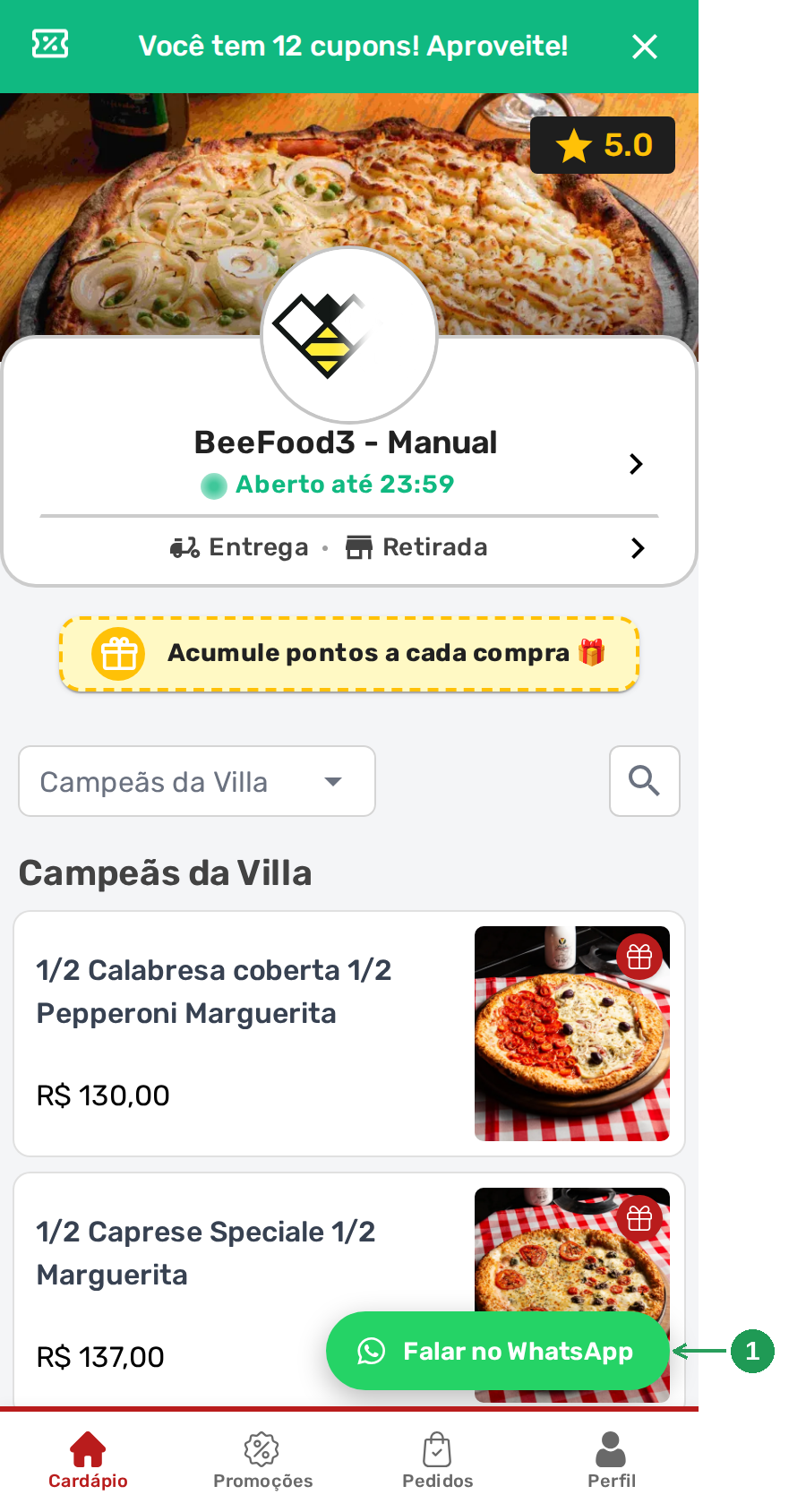 Botão WhatsApp acima da barra de navegação do cardápio no celular