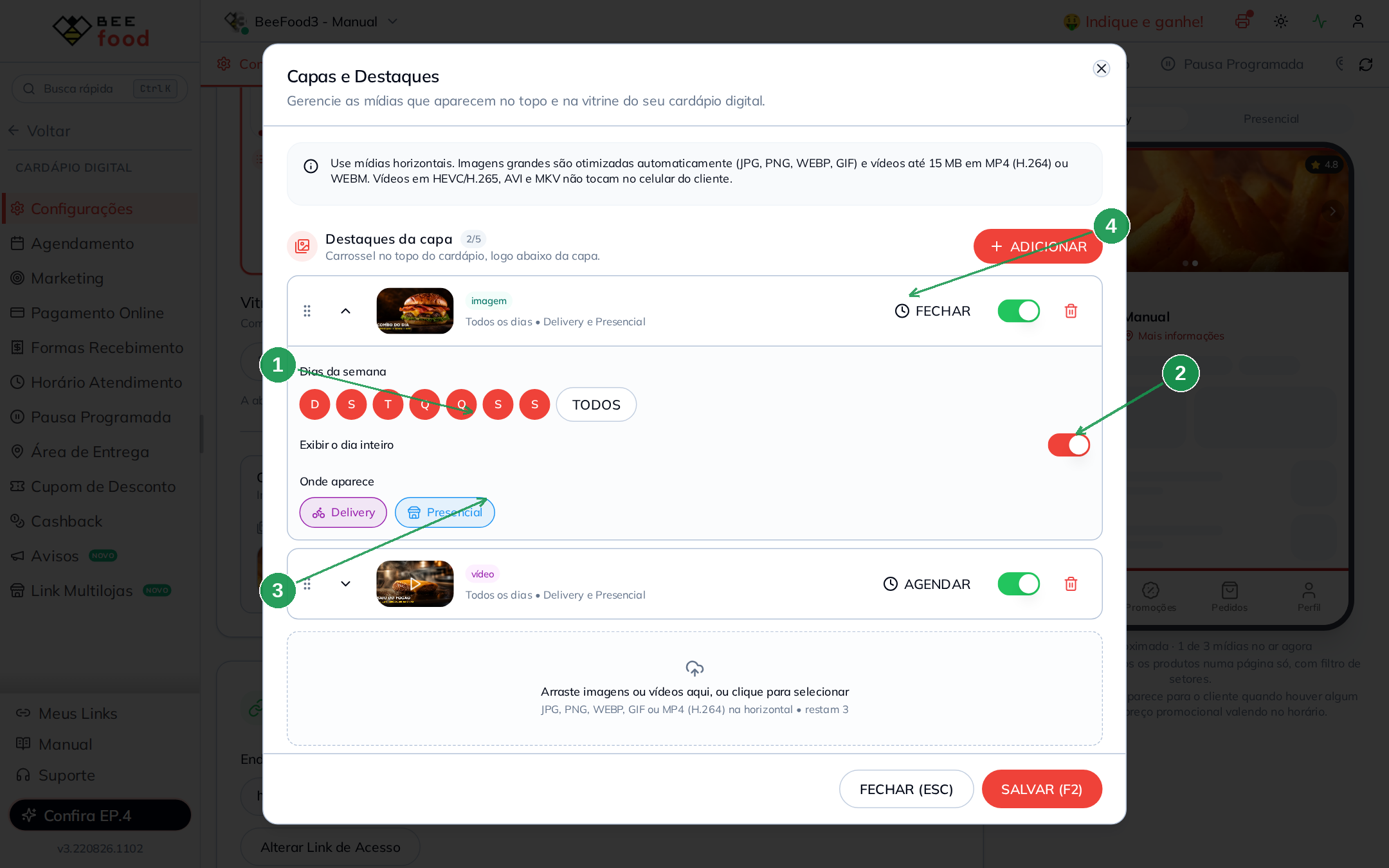Agenda expandida de uma mídia com dias da semana, exibir o dia inteiro e opções Delivery e Presencial