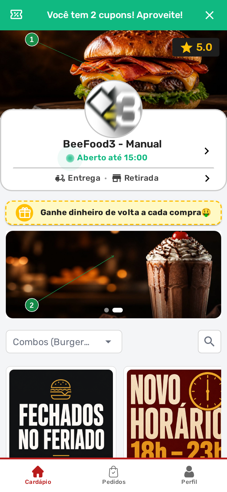 Cardápio aberto no celular mostrando a capa no topo e a vitrine no meio da página