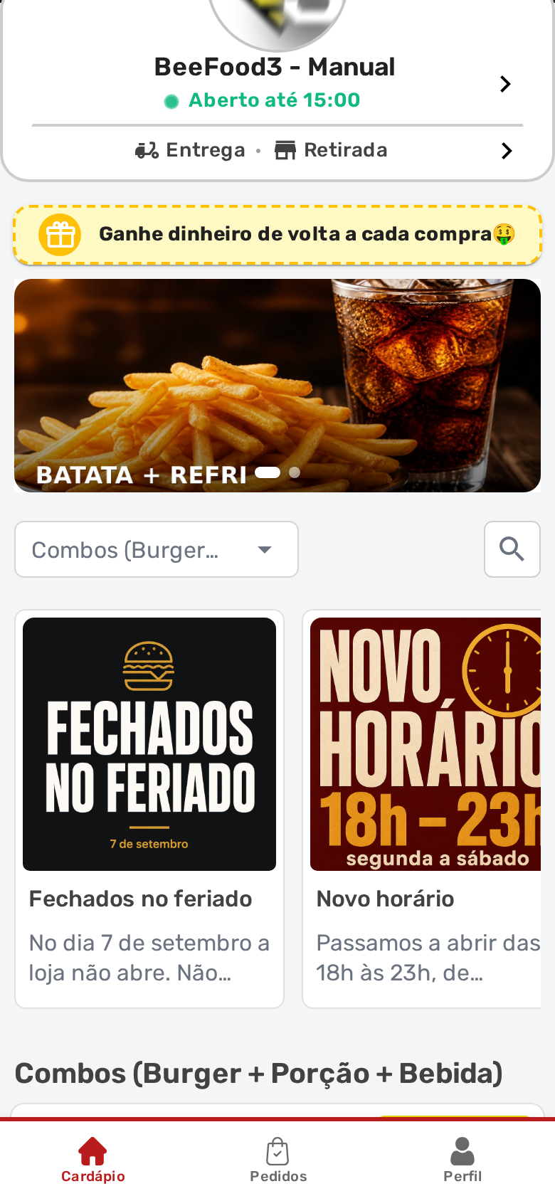 Vitrine do cardápio no celular com o banner Batata mais Refri e os avisos abaixo