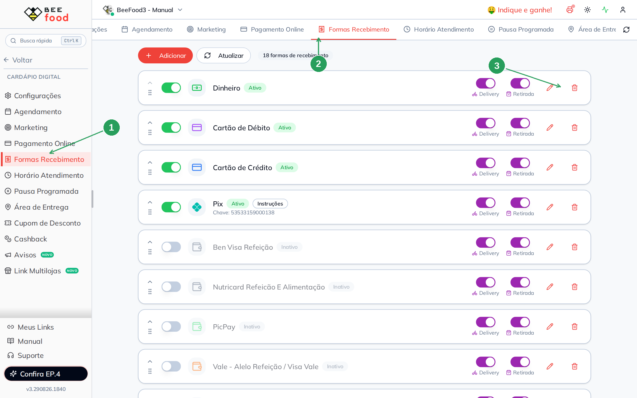 Lista de formas de recebimento sem ajuste