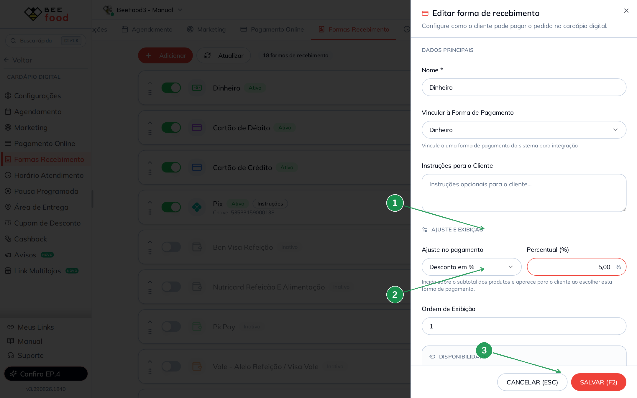 Editor da forma Dinheiro com desconto de 5%