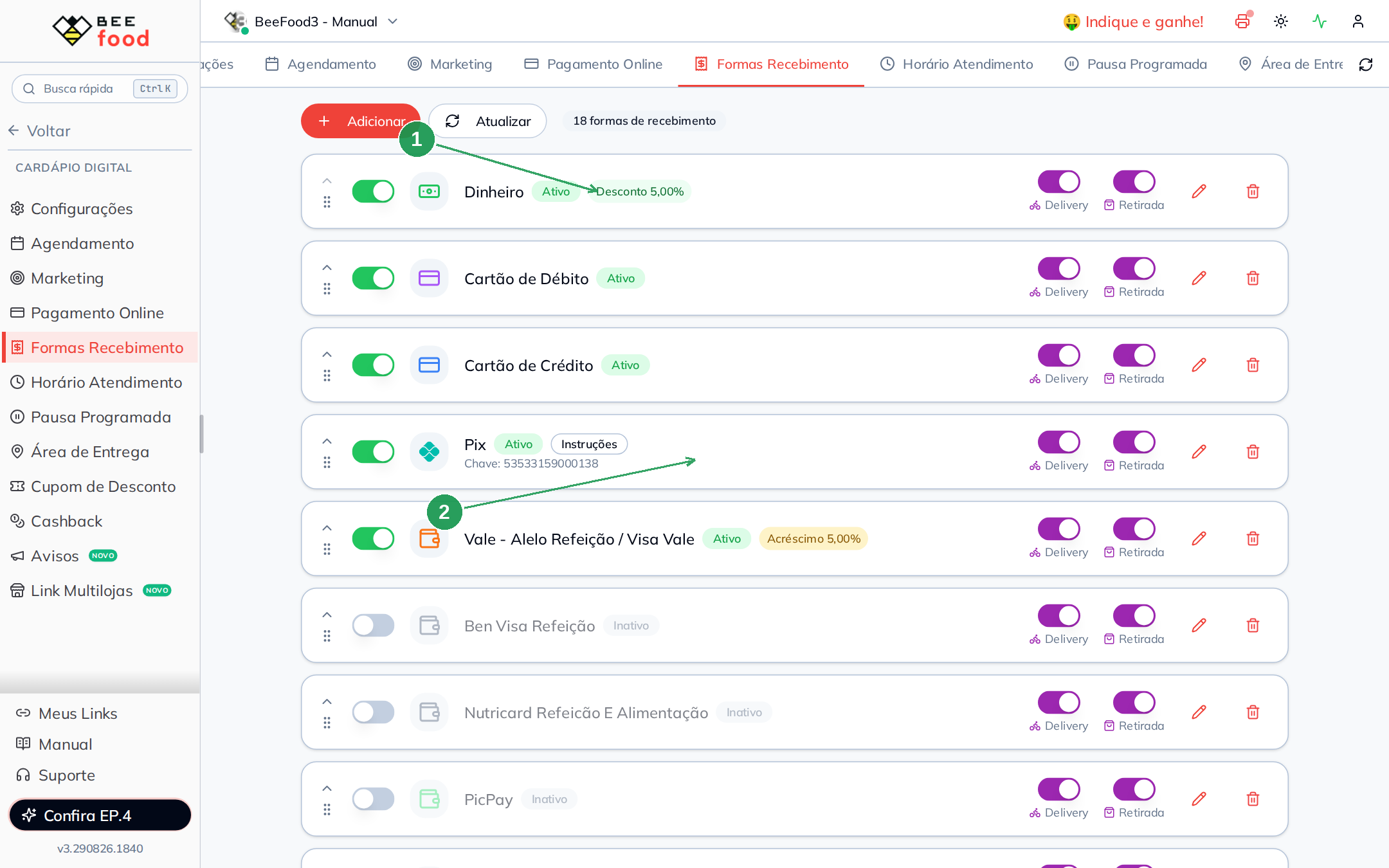 Lista de formas com badges de desconto e acréscimo