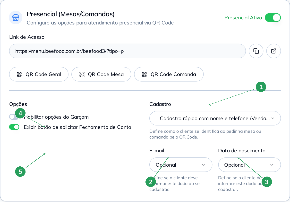 Bloco de cadastro com modos, e-mail, data de nascimento, opções do garçom e fechamento de conta