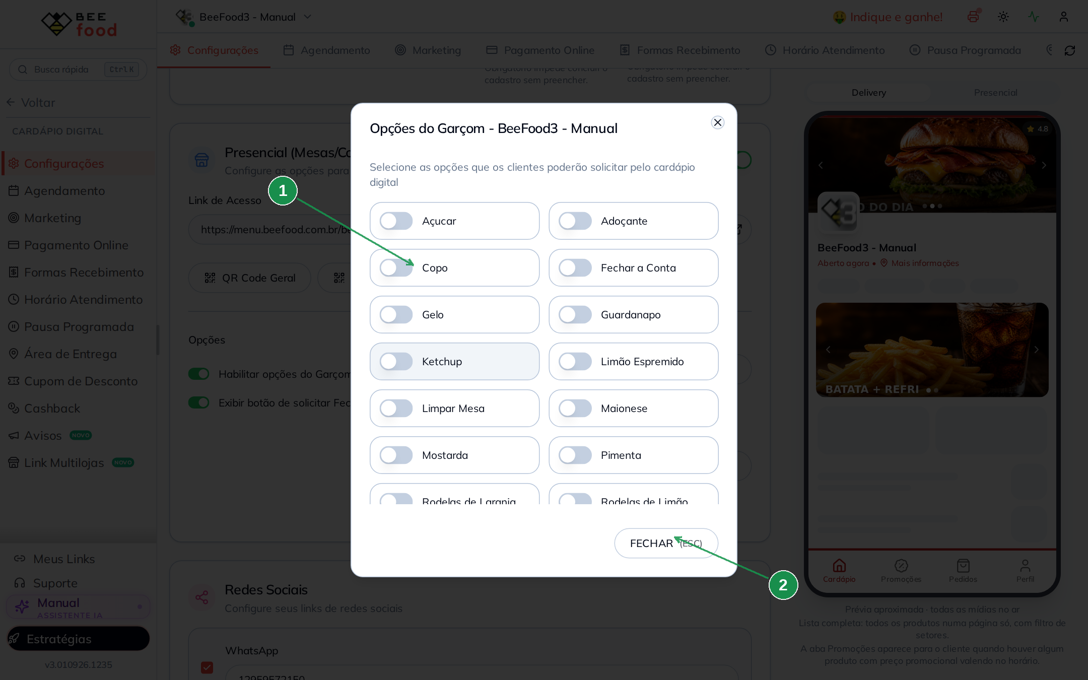 Modal de Opções do Garçom com switches e botão FECHAR