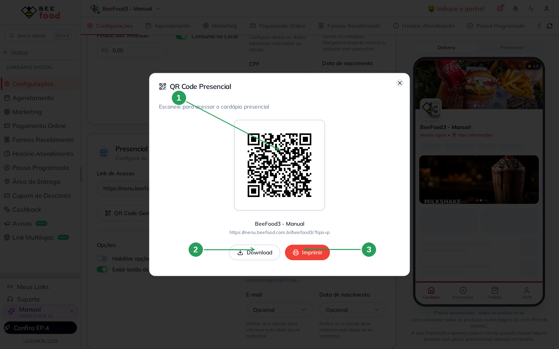 QR Code geral do presencial com botões Download e Imprimir