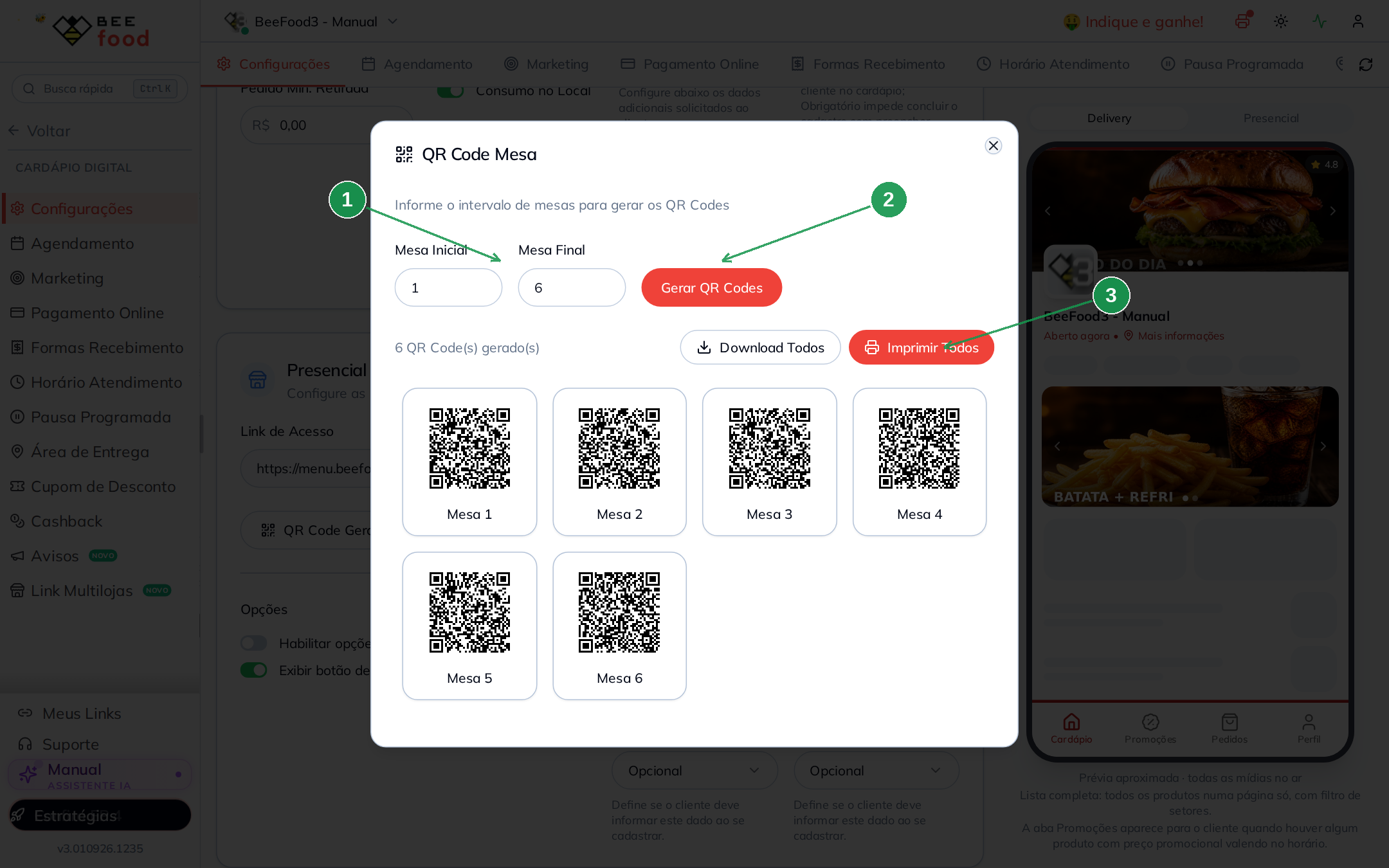 QR Codes gerados para o intervalo de mesas com Download Todos e Imprimir Todos