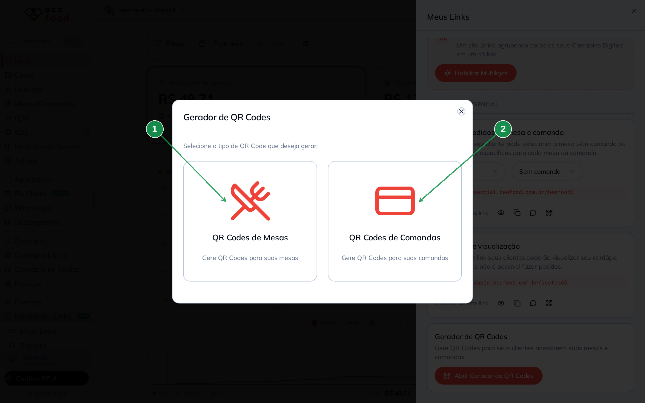 Primeiro passo do gerador: escolher QR Codes de Mesas ou de Comandas