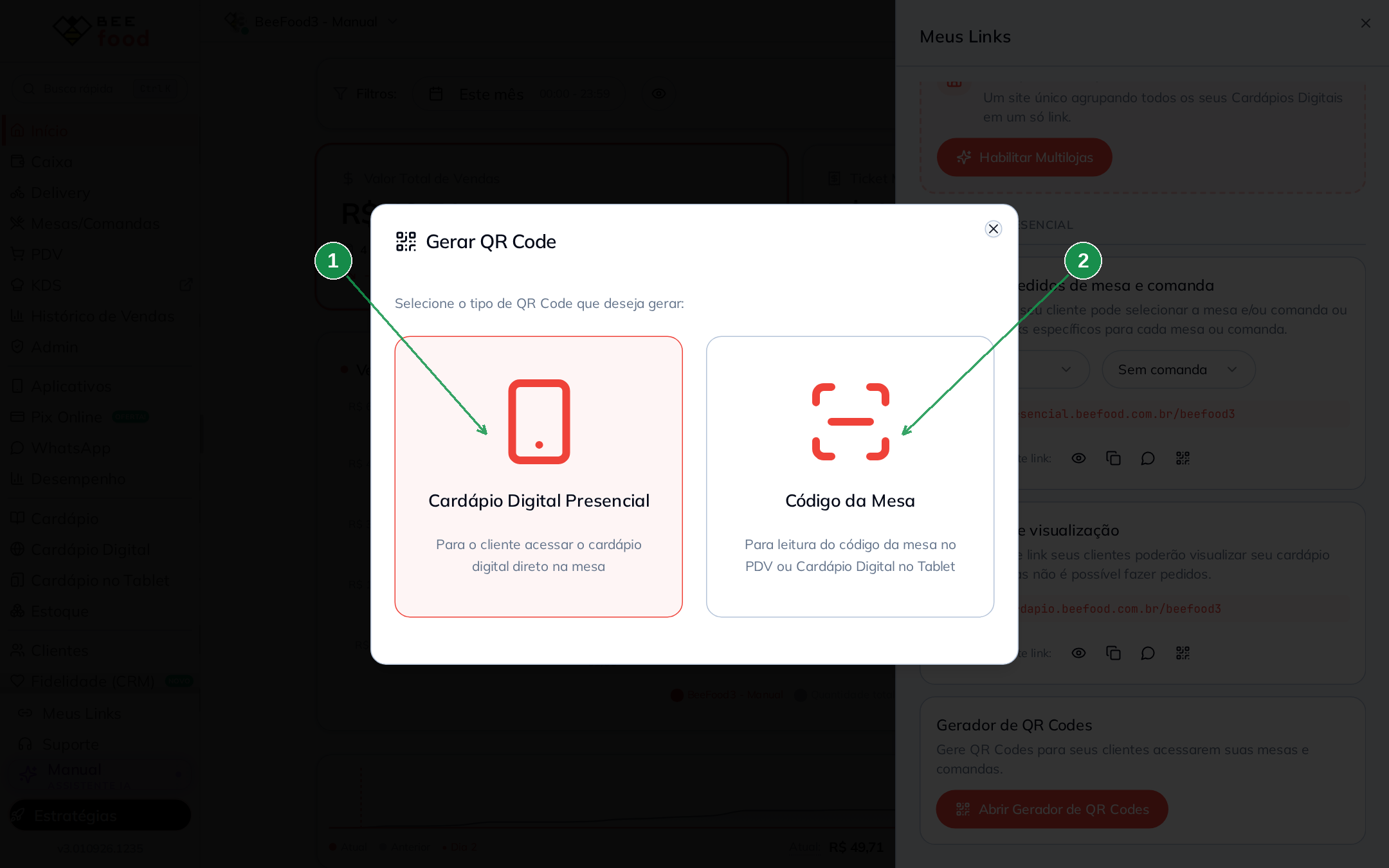 Segundo passo do gerador: escolher Cardápio Digital Presencial ou Código da Mesa