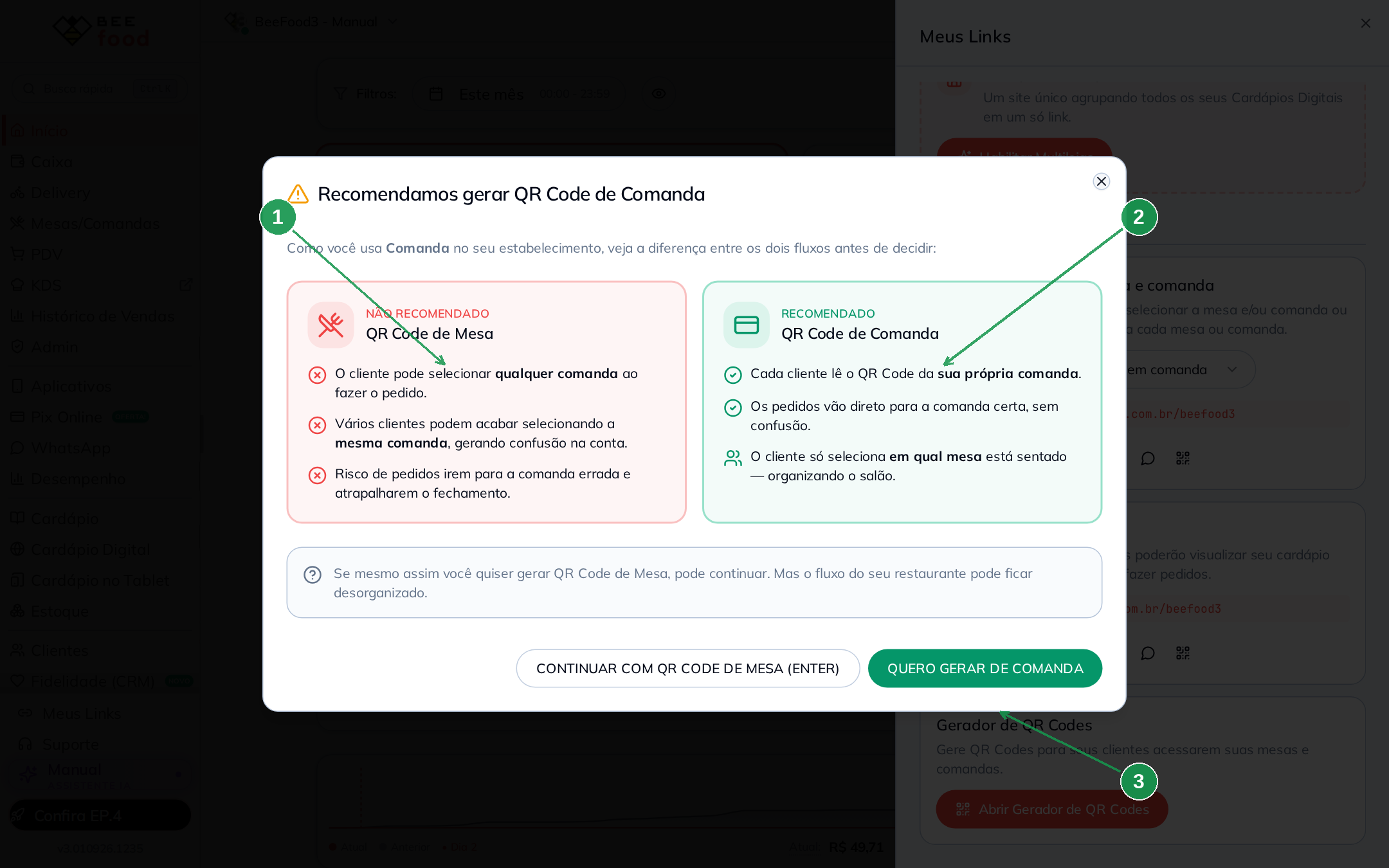 Aviso recomendando QR Code de comanda quando existem comandas cadastradas