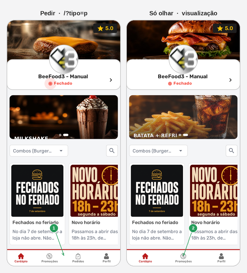 Comparação entre cardápio para pedir com aba Pedidos e cardápio de visualização sem a aba