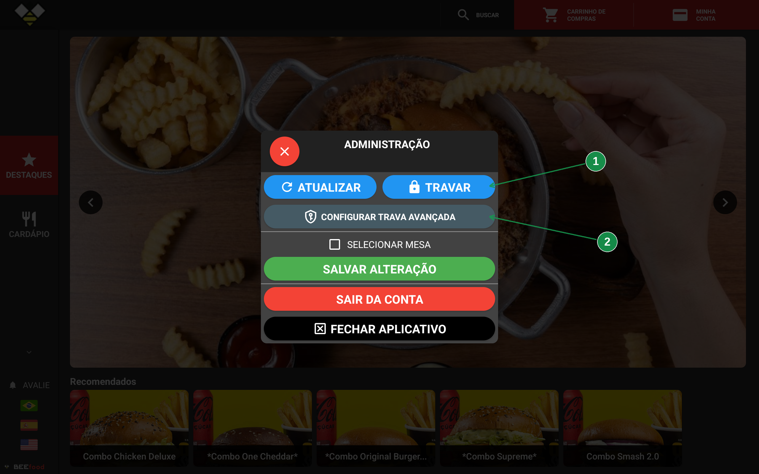 Tela de Administração com as opções Atualizar, Travar e Configurar trava avançada