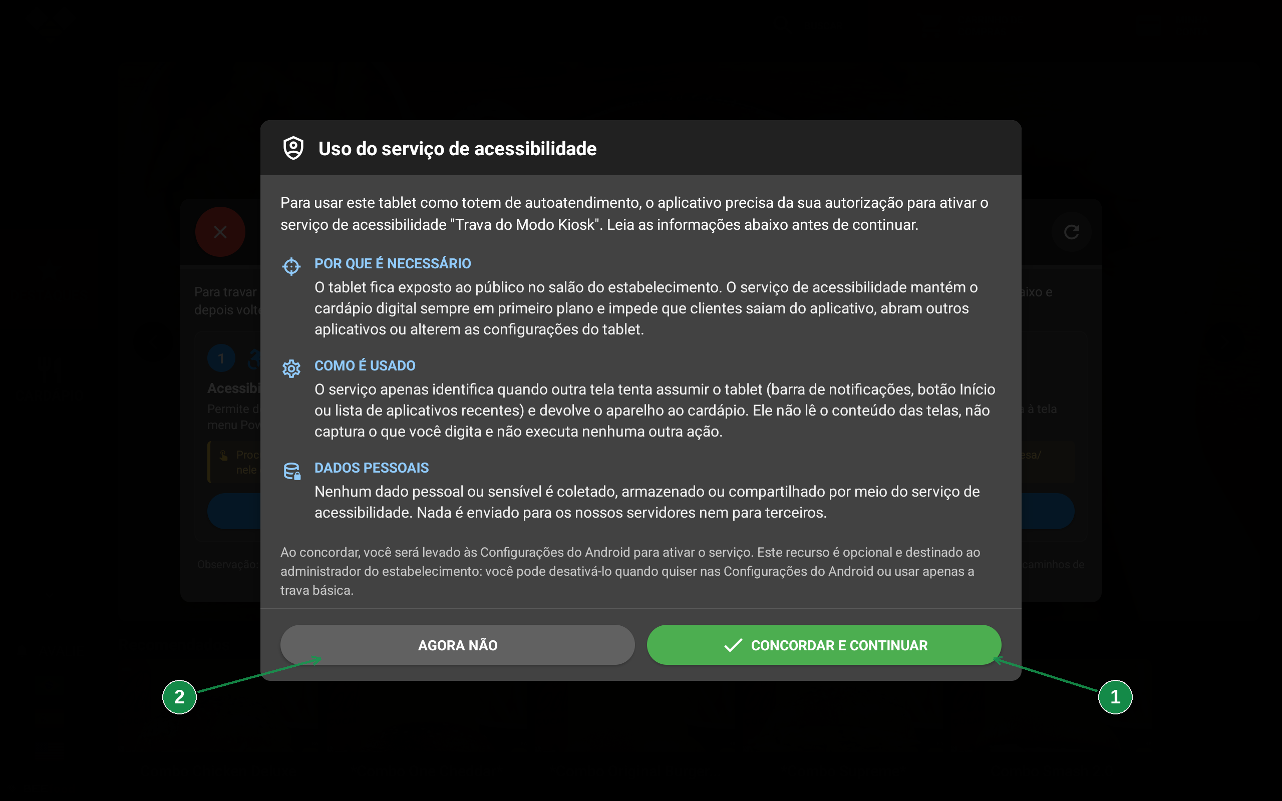 Aviso explicando o uso do serviço de acessibilidade