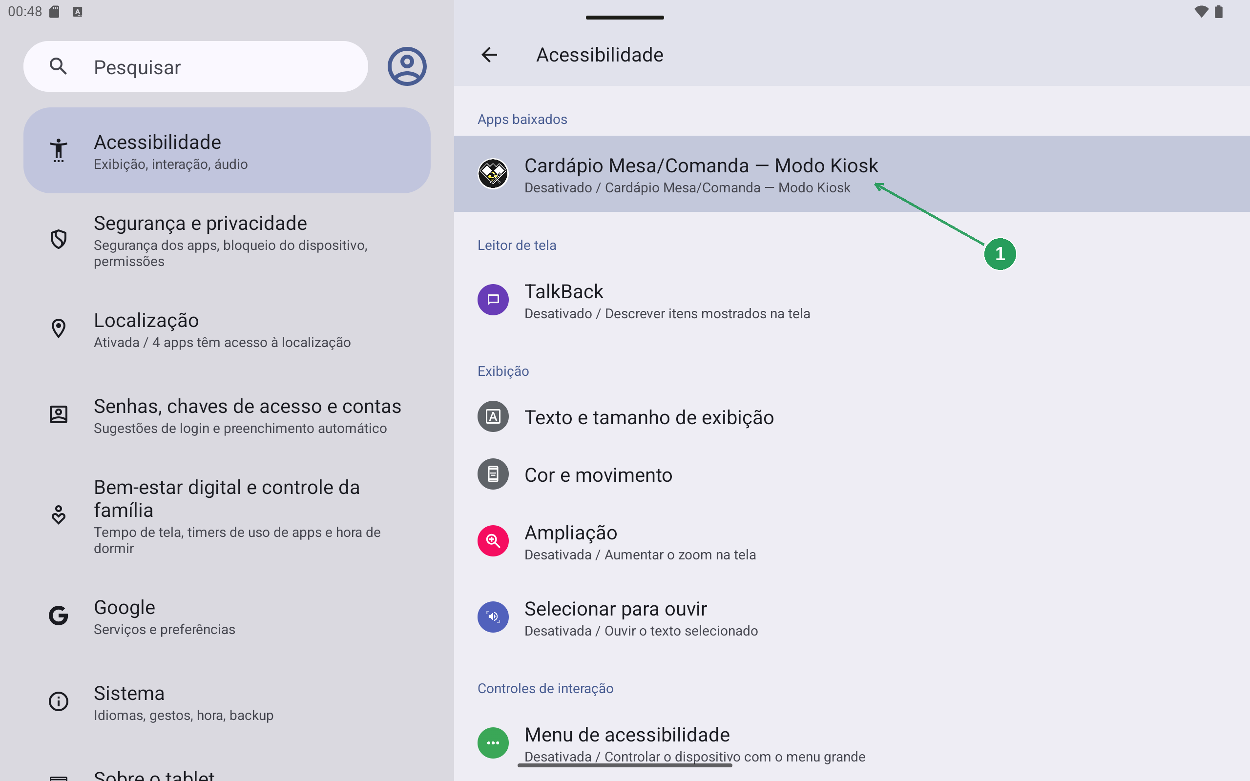 Configurações de Acessibilidade do Android com o serviço do aplicativo na lista