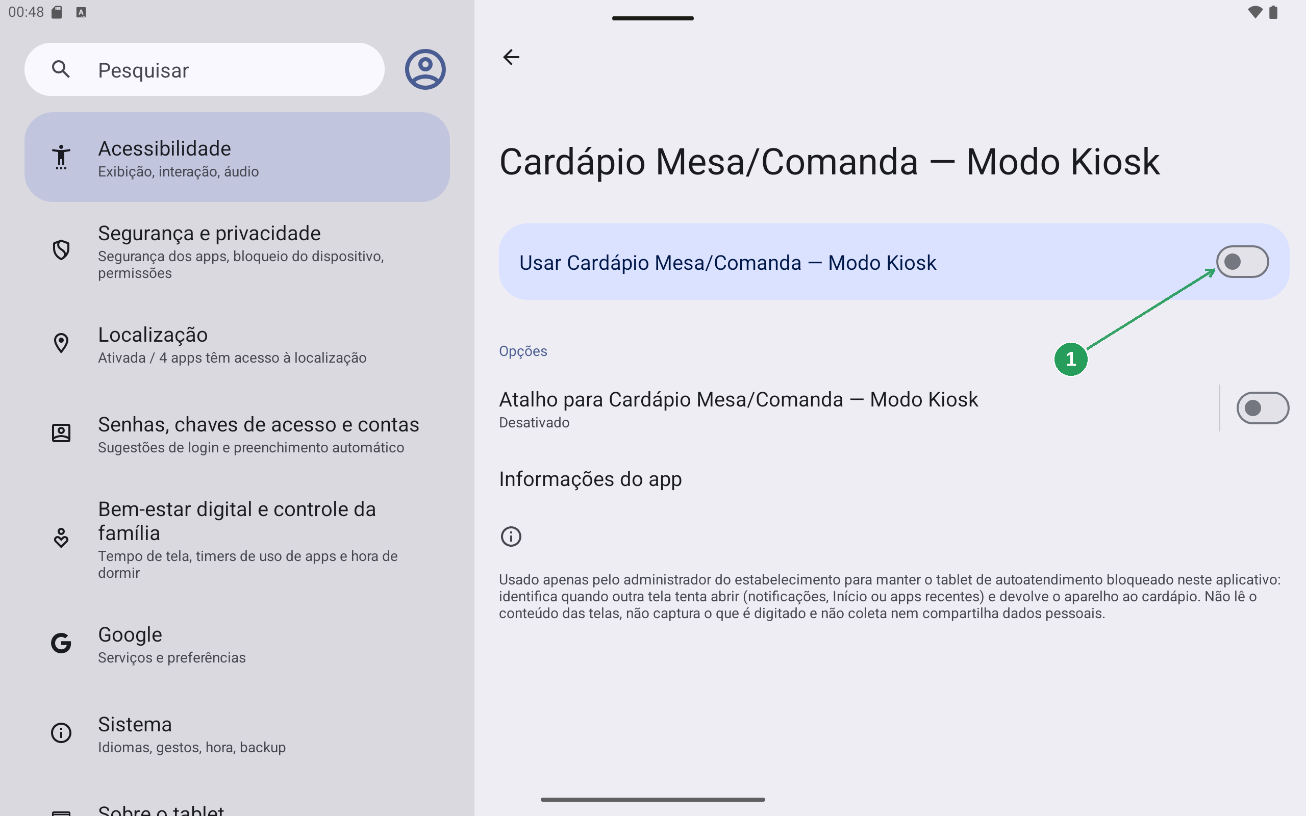 Tela do serviço Modo Kiosk com a chave desativada