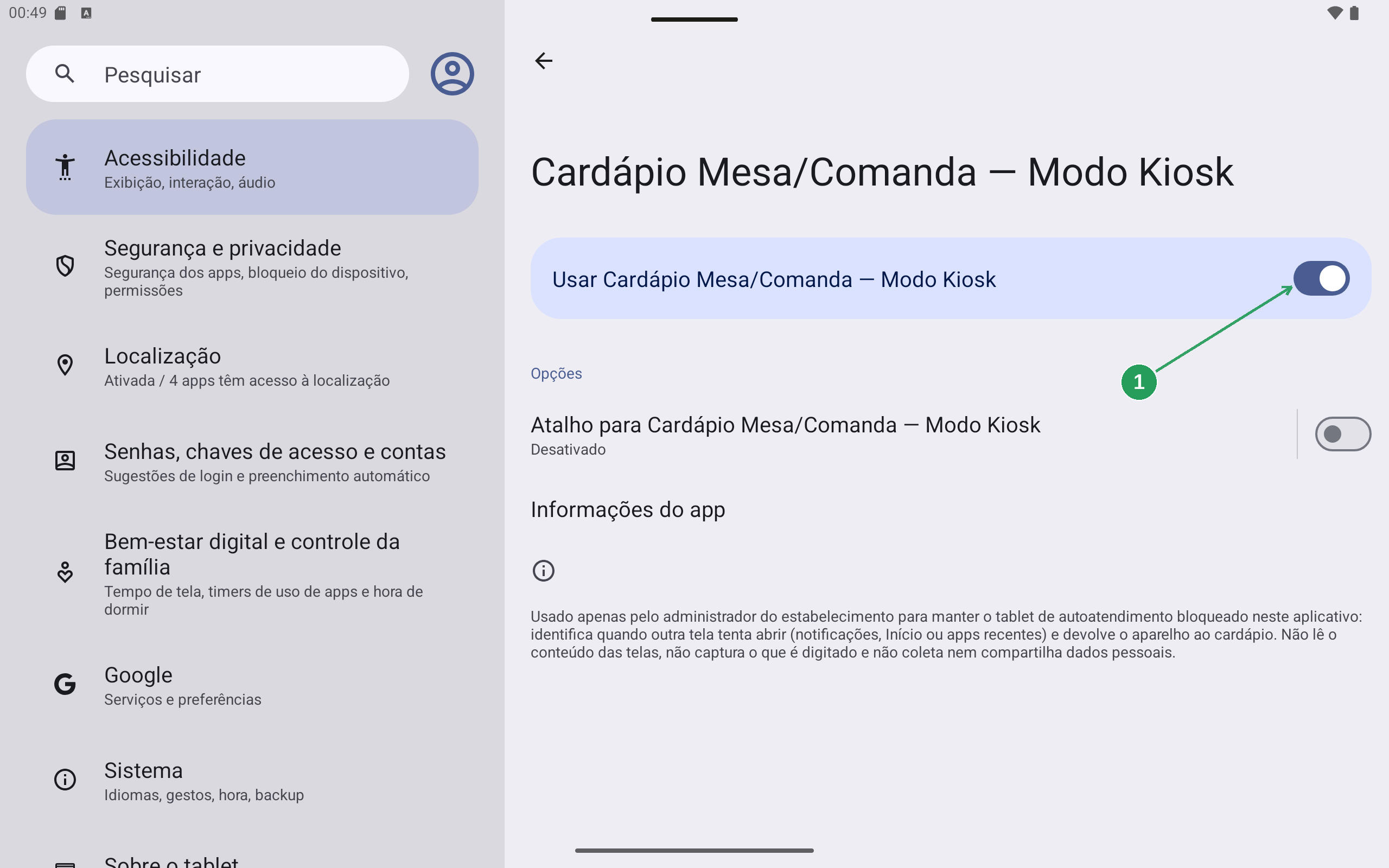 Tela do serviço Modo Kiosk com a chave ativada