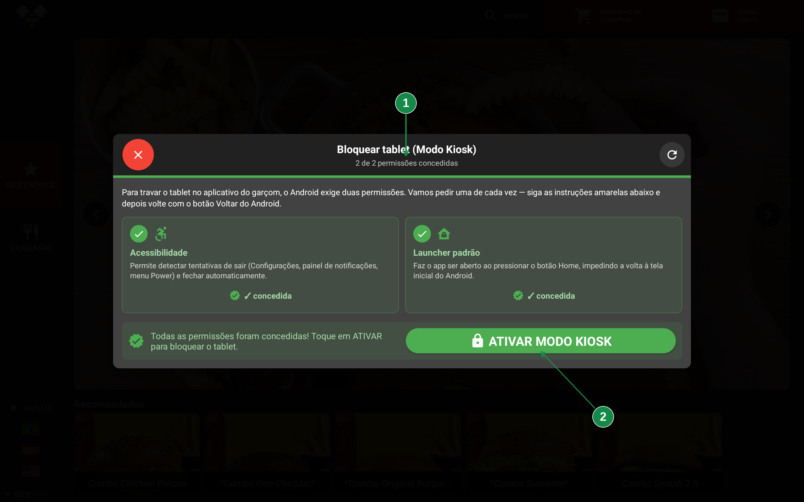 Assistente com as duas permissões concedidas e o botão Ativar modo kiosk