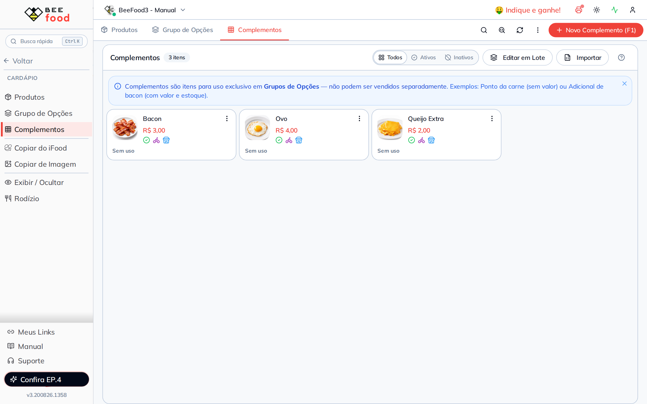 Lista com os três complementos cadastrados