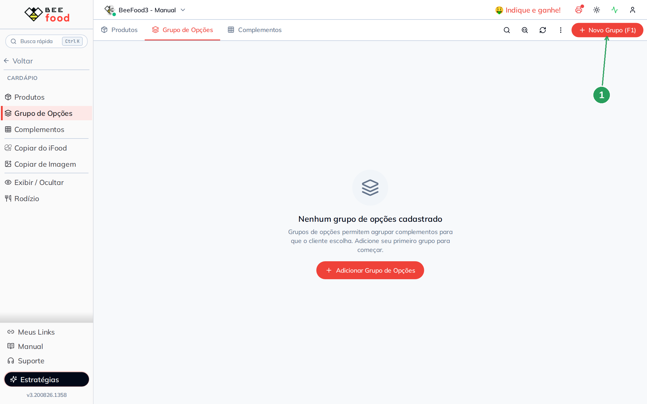 Aba de grupo de opções vazia