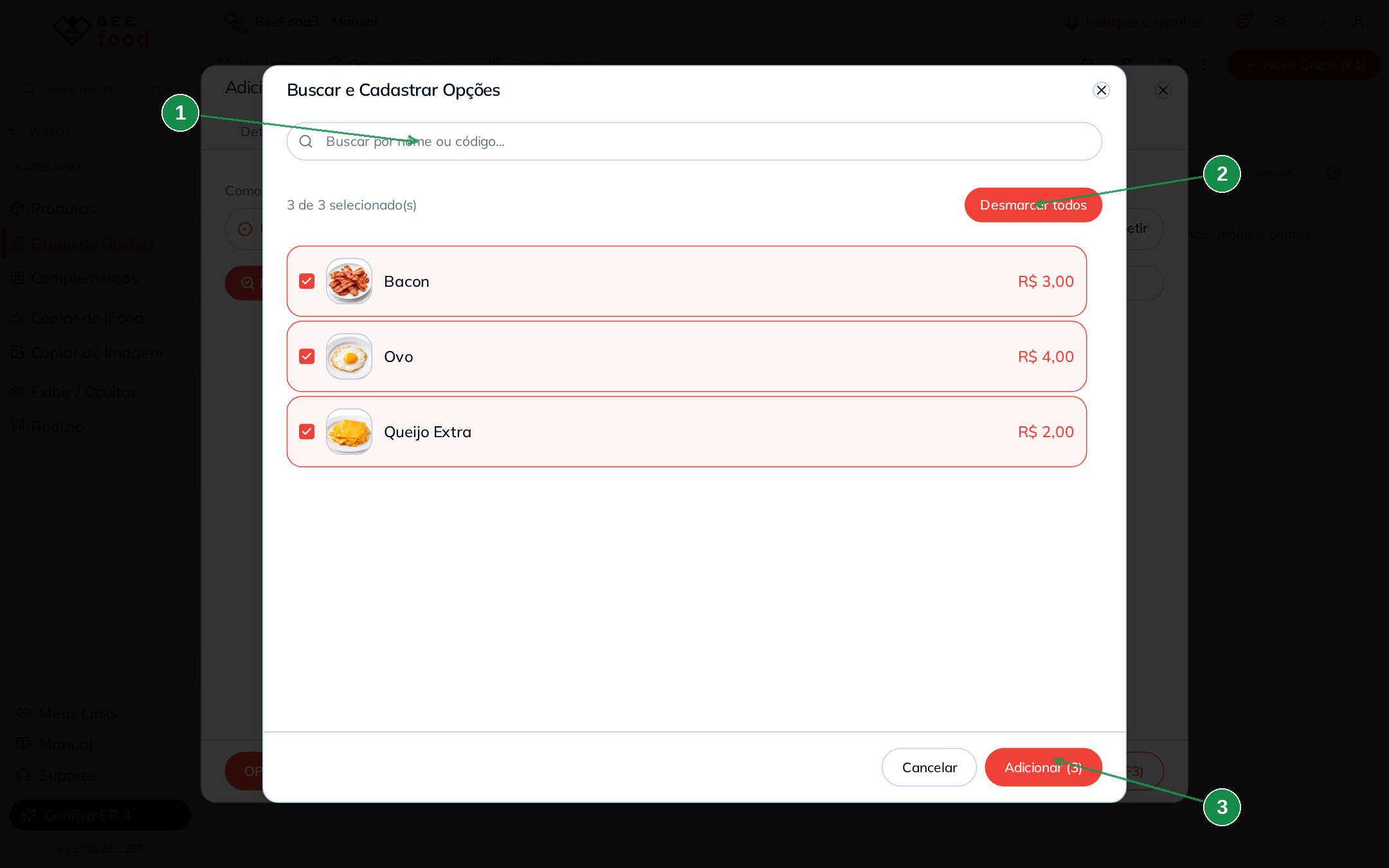 Busca de complementos para adicionar ao grupo