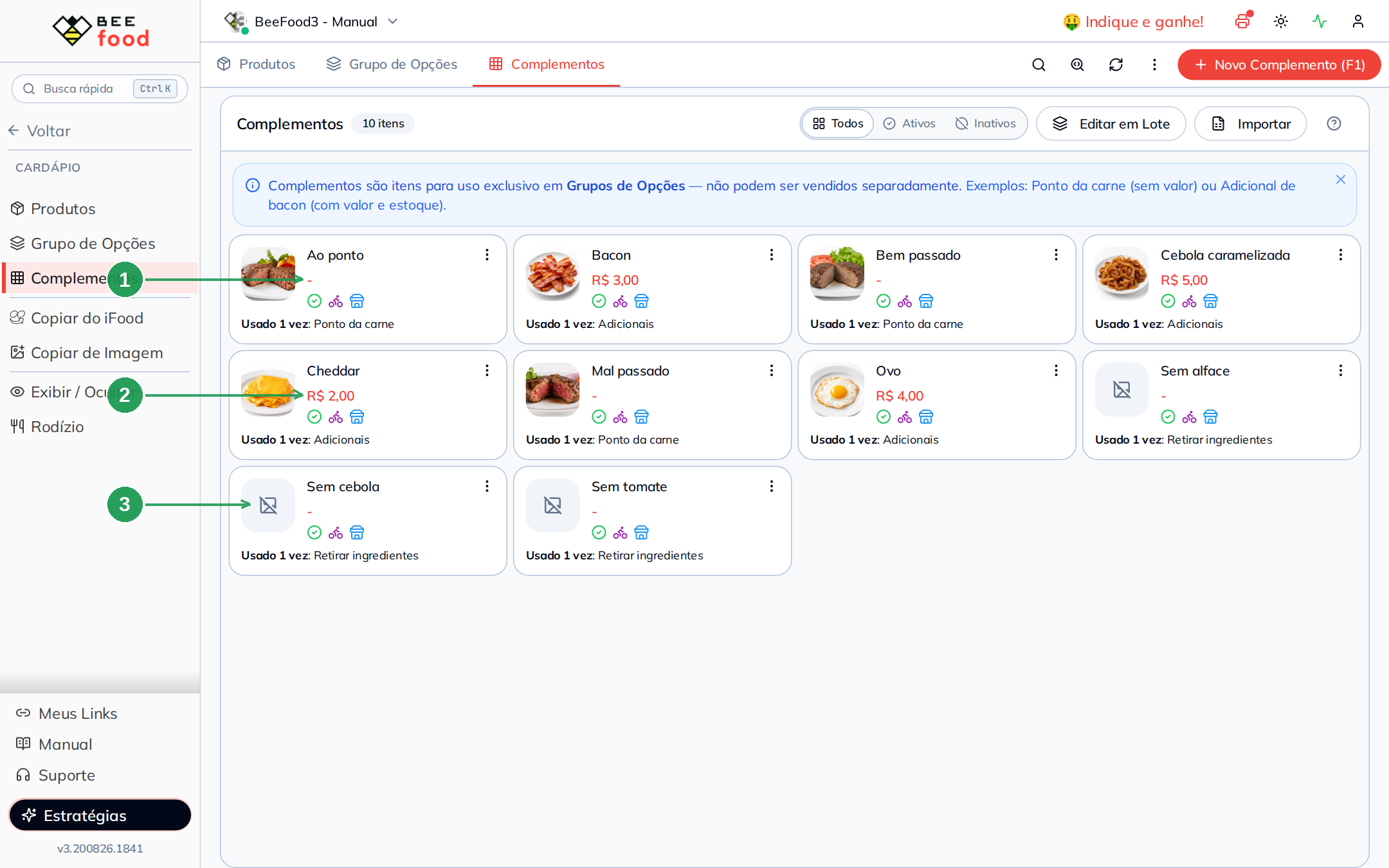 Complementos do hambúrguer cadastrados