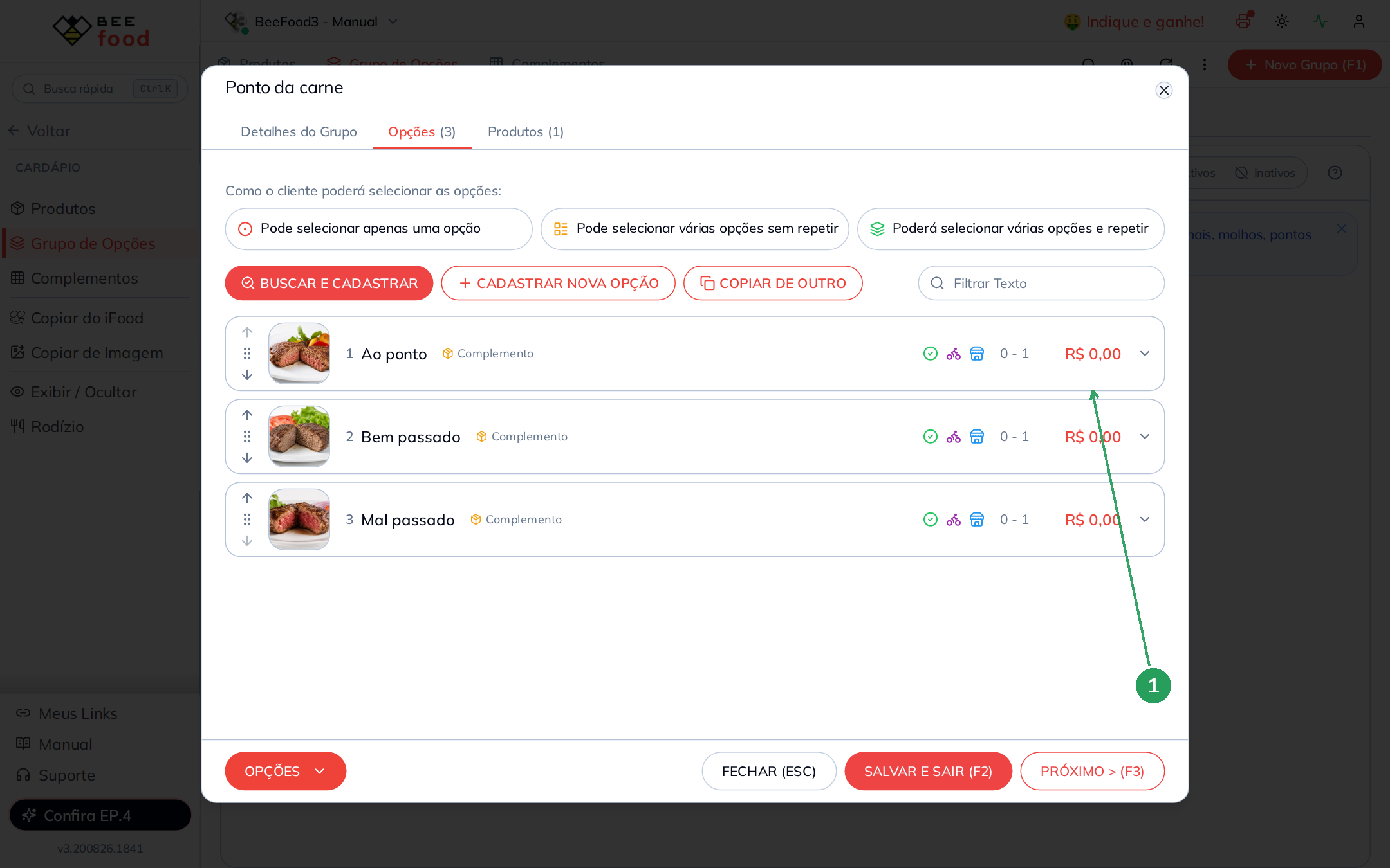 Opções do grupo de ponto da carne com valor zero