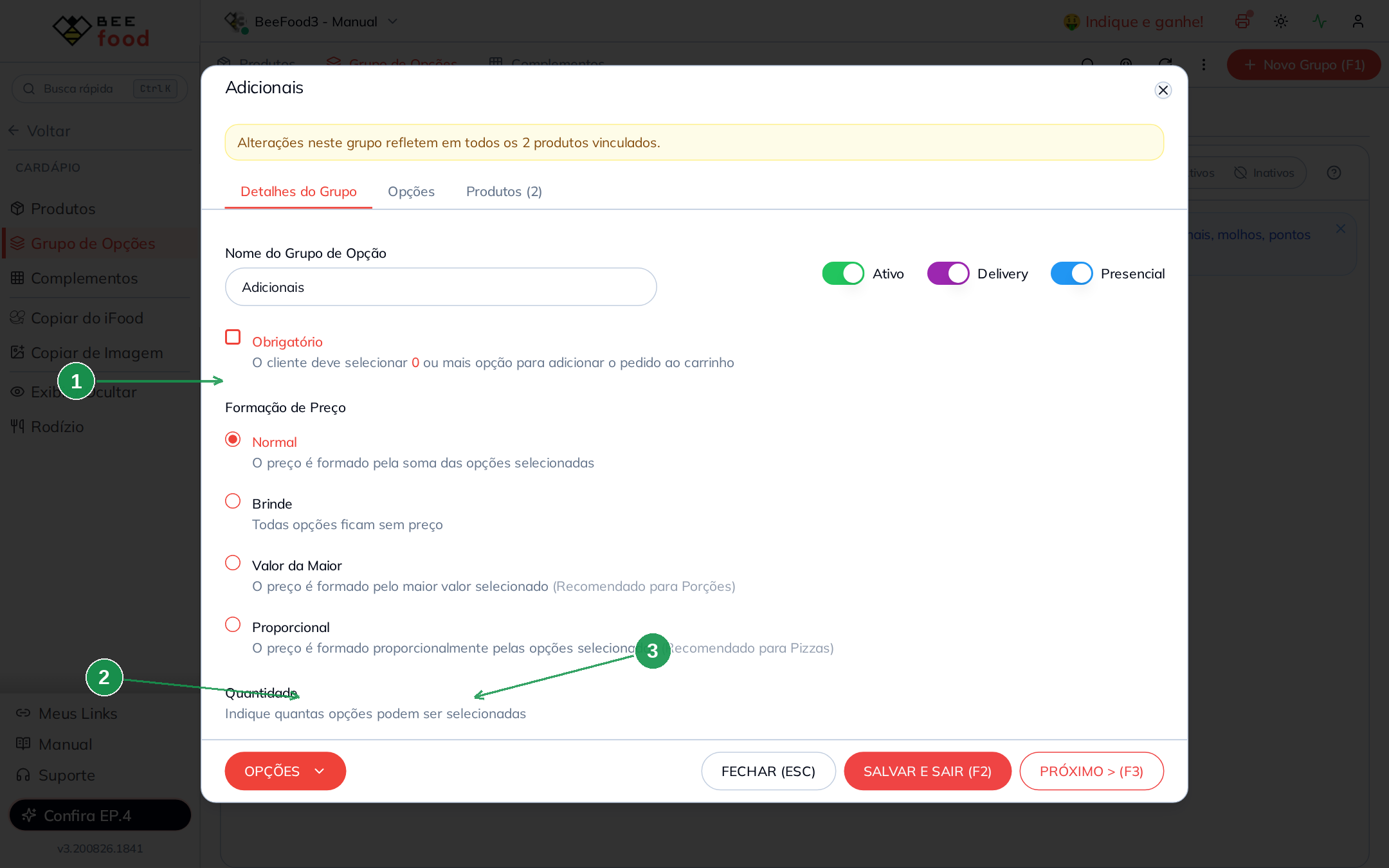 Detalhes do grupo de adicionais