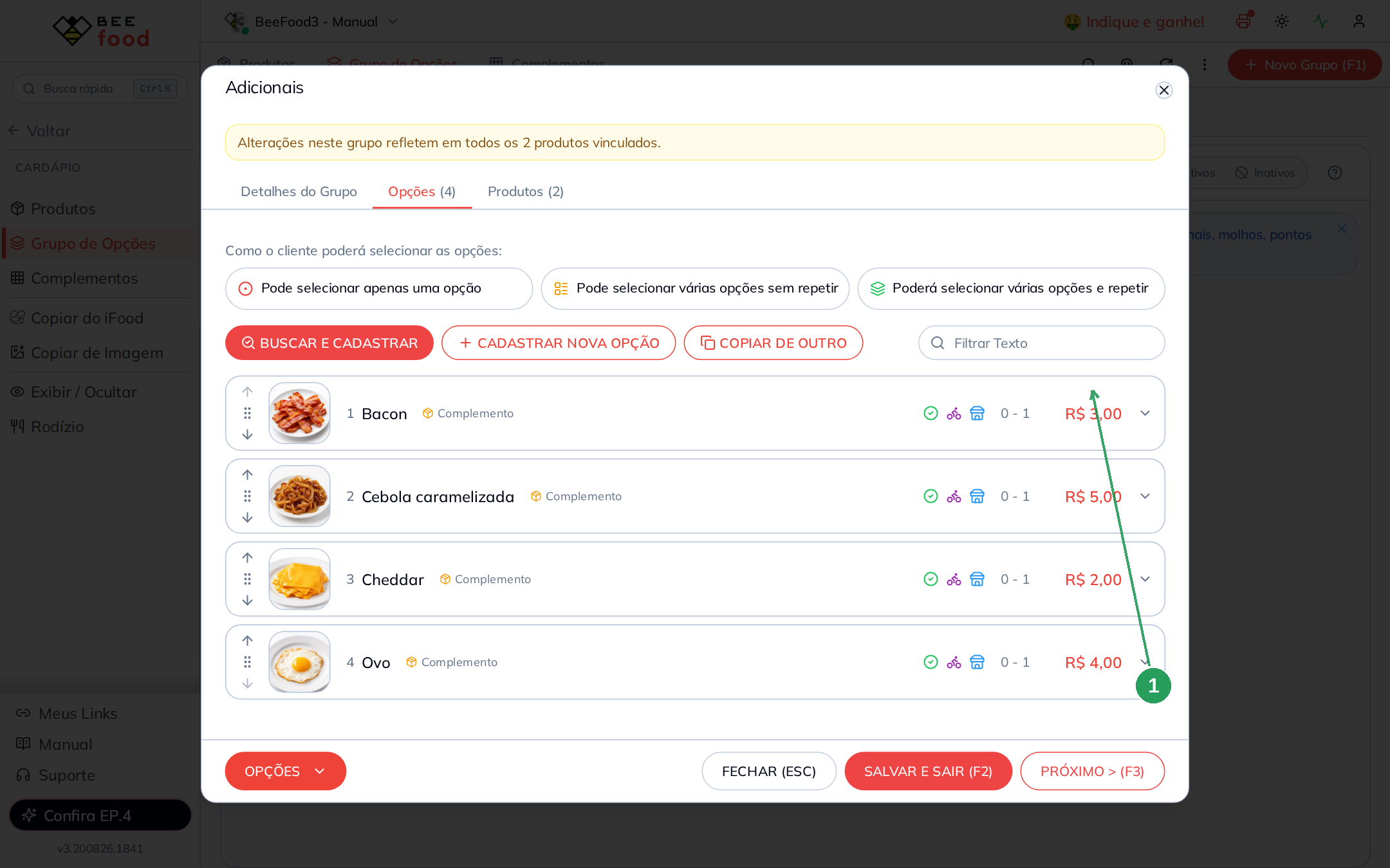 Opções do grupo de adicionais com preços