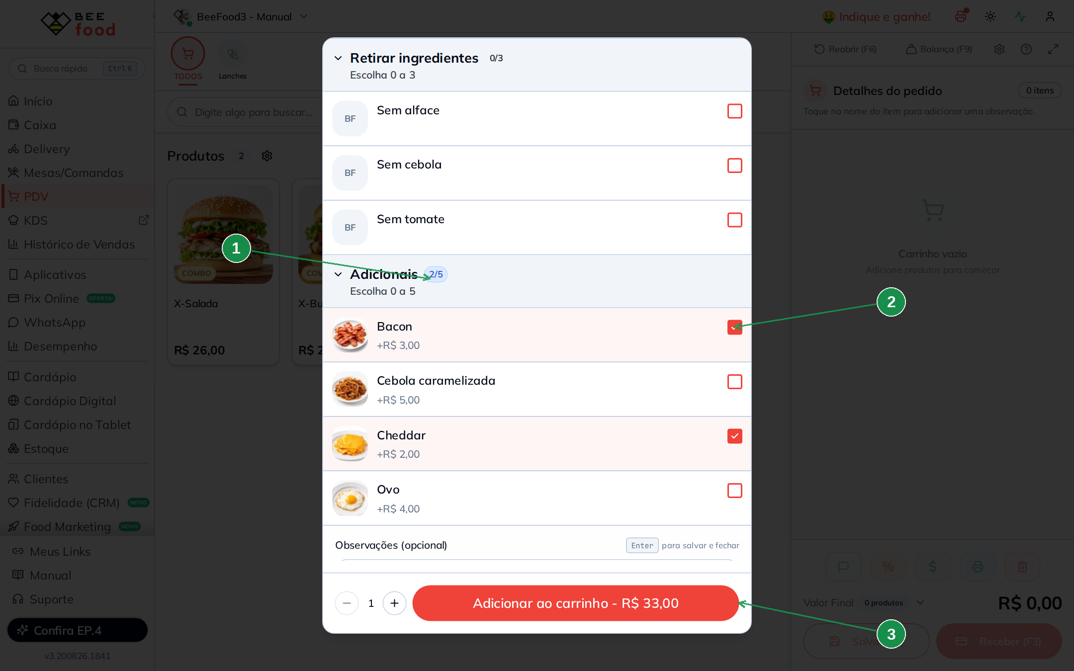 PDV com adicionais somando ao total