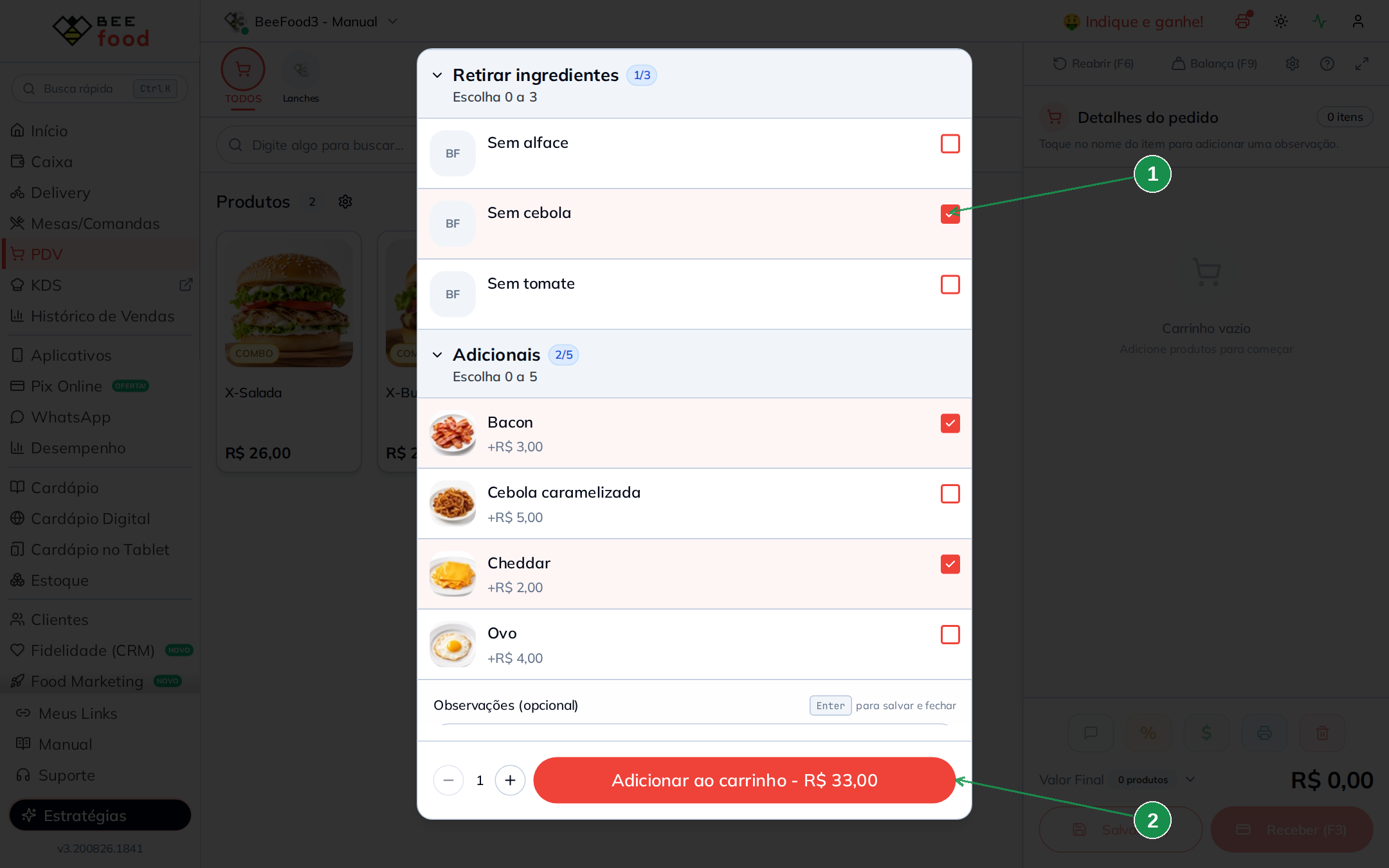 PDV com retirada de ingrediente selecionada