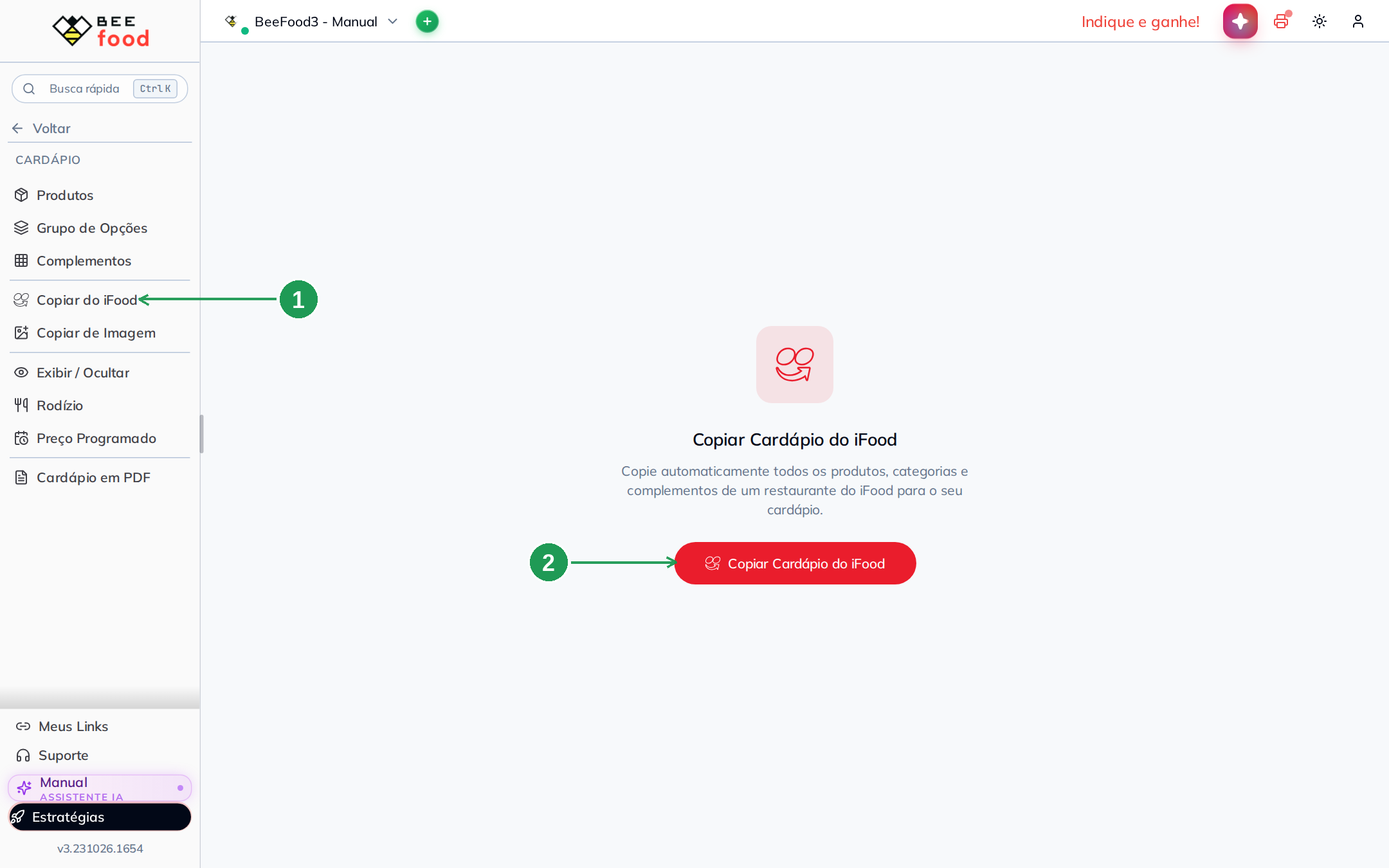 Tela vazia para copiar cardápio do iFood