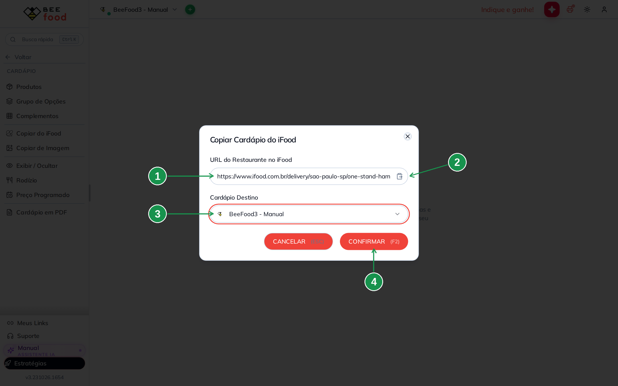Janela para informar o link do iFood e o cardápio destino