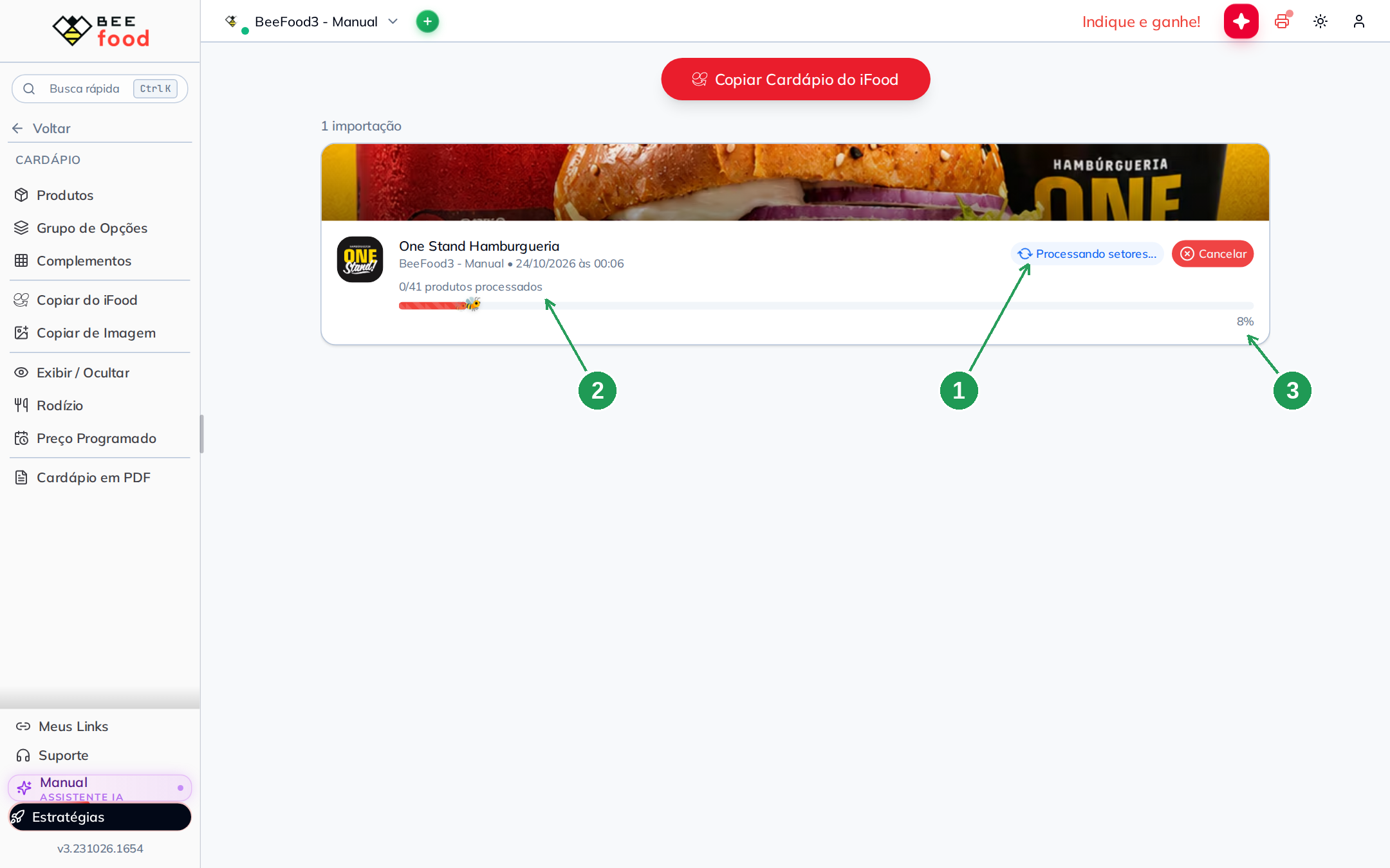 Importação do iFood em andamento com contador e barra de progresso