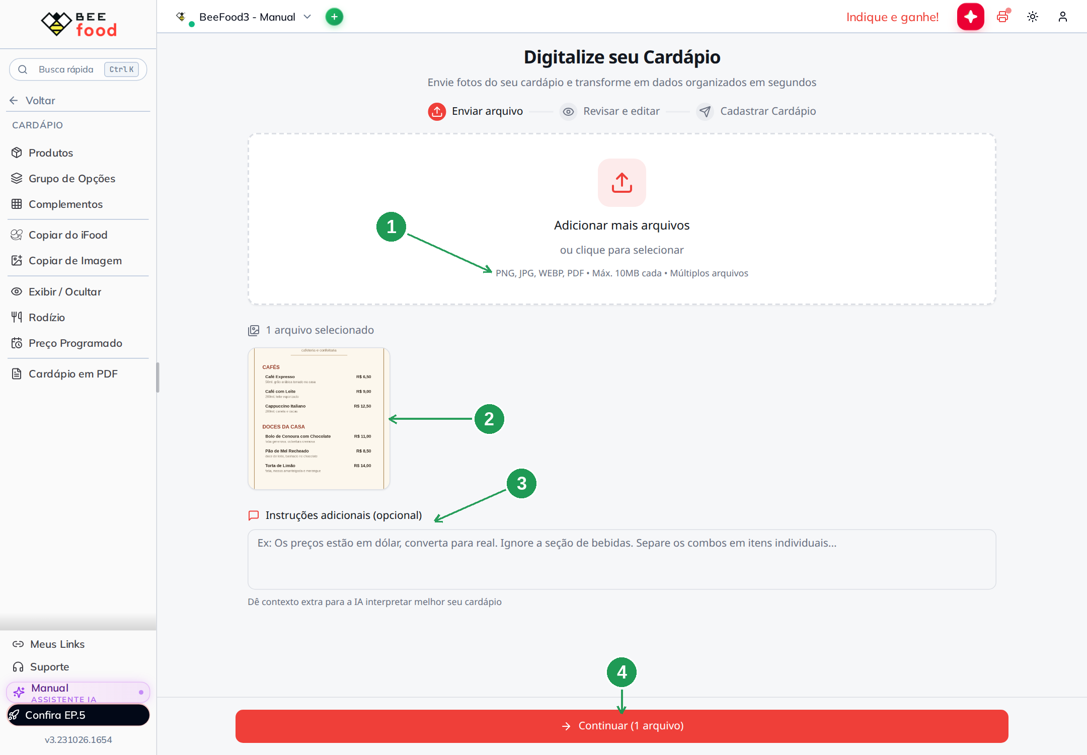 Tela para enviar imagem ou PDF do cardápio