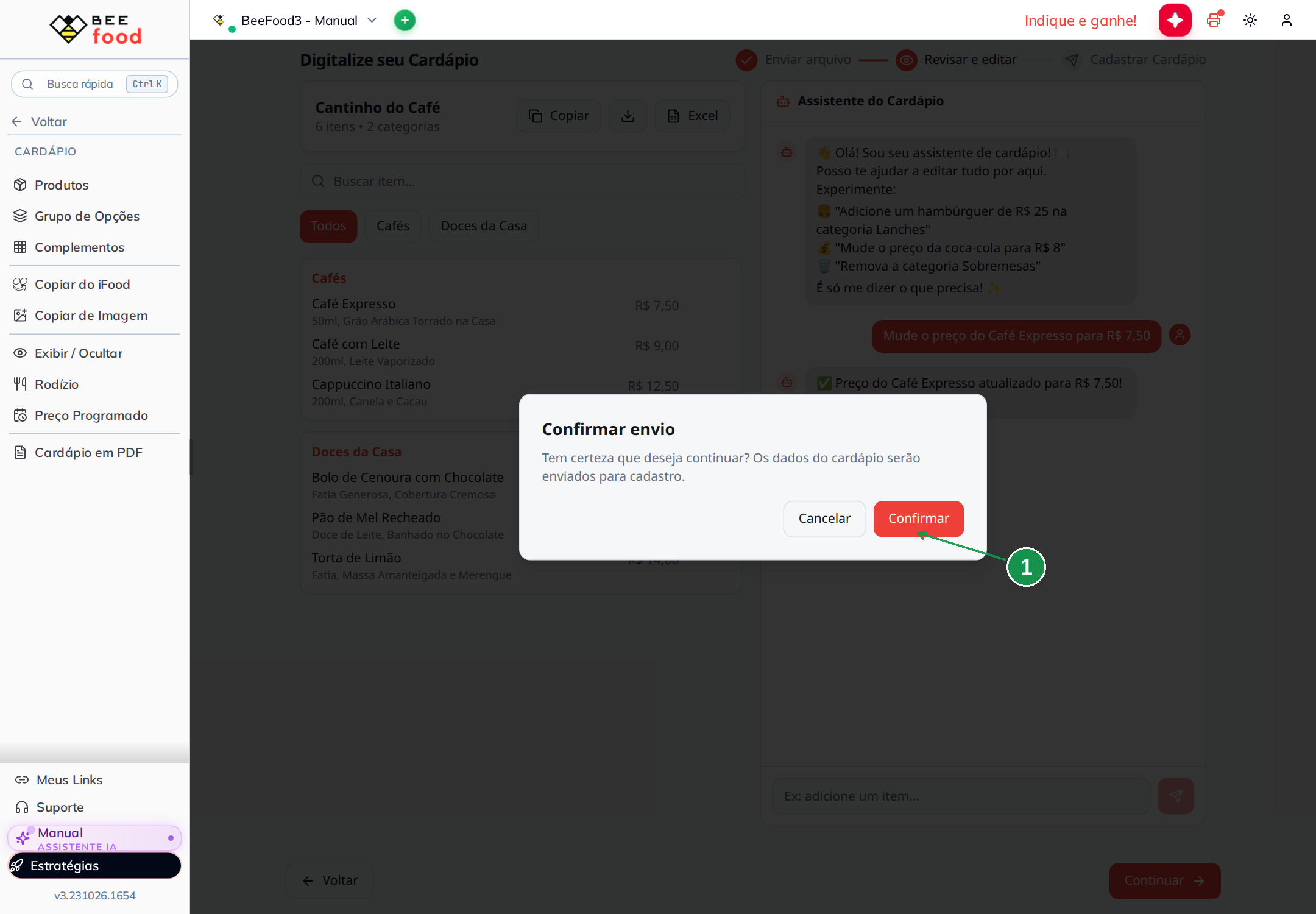 Tela para confirmar o envio dos dados digitalizados