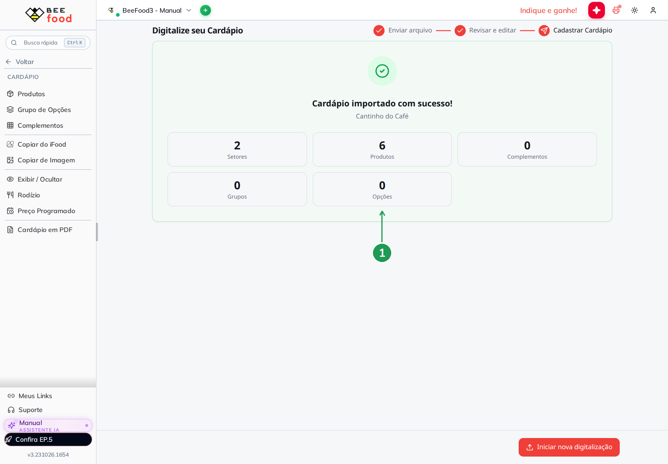 Resultado da digitalização com setores, produtos, complementos, grupos e opções