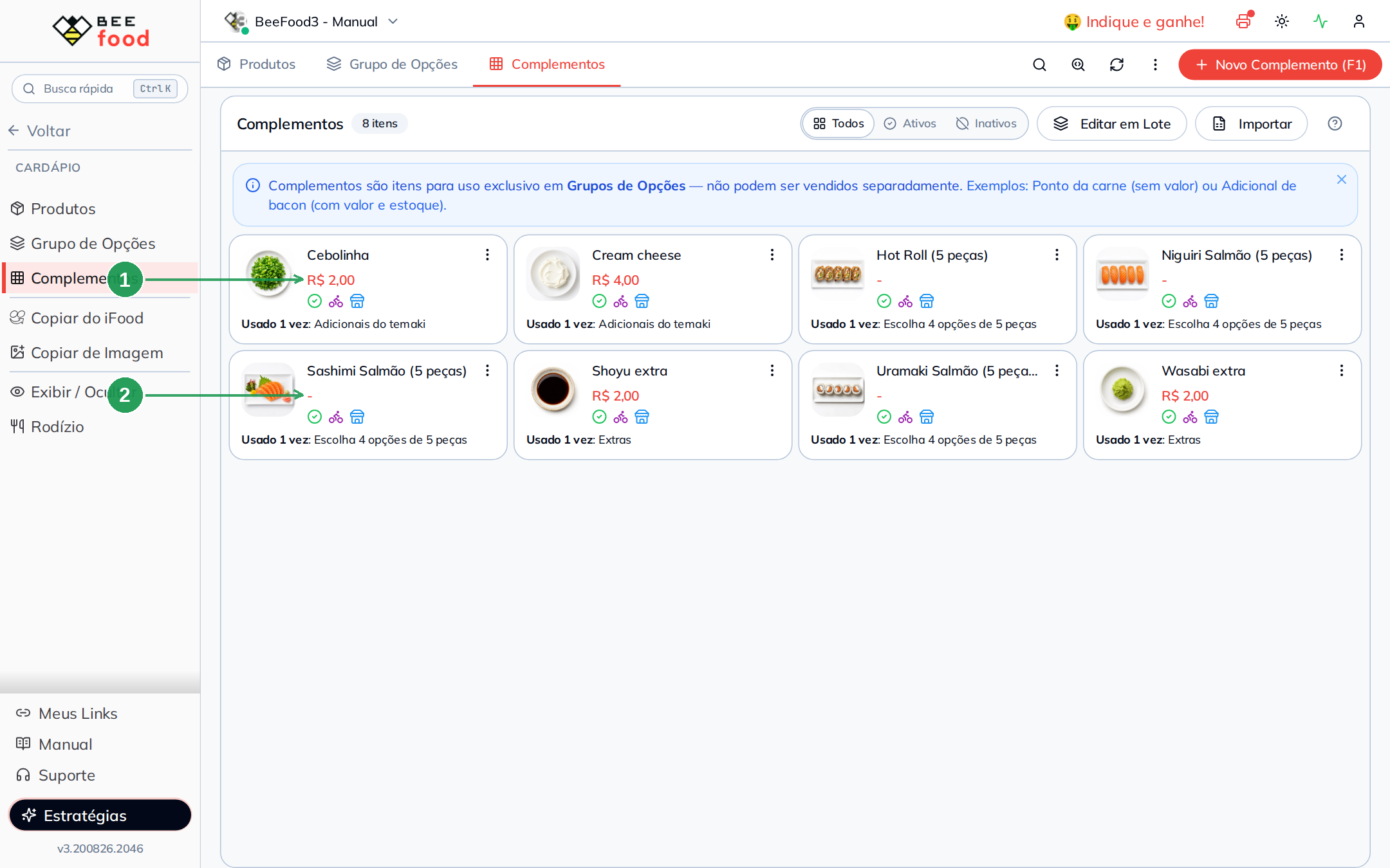Complementos de peças e extras cadastrados