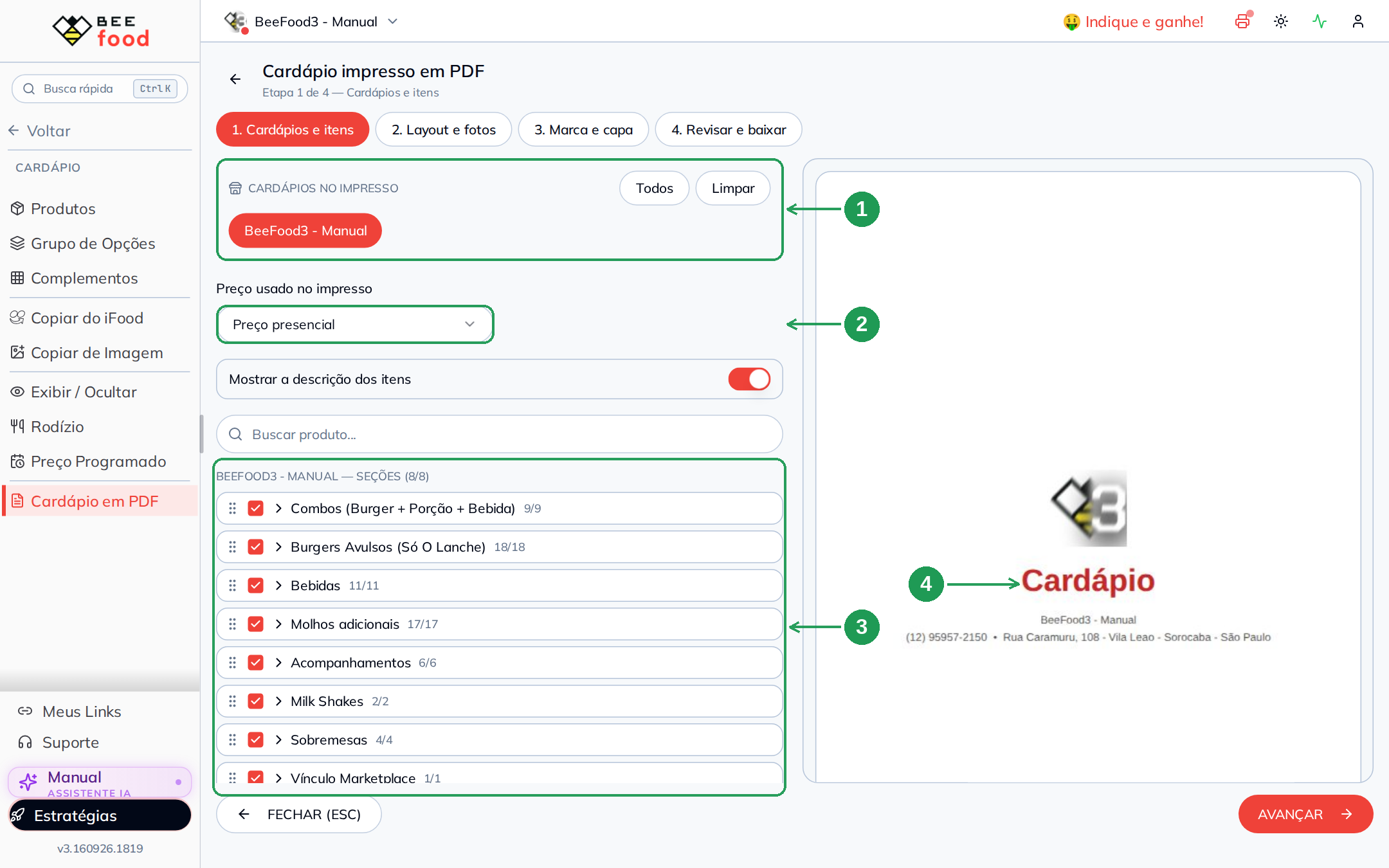 Etapa 1 do gerador com cardápios, preço e seções