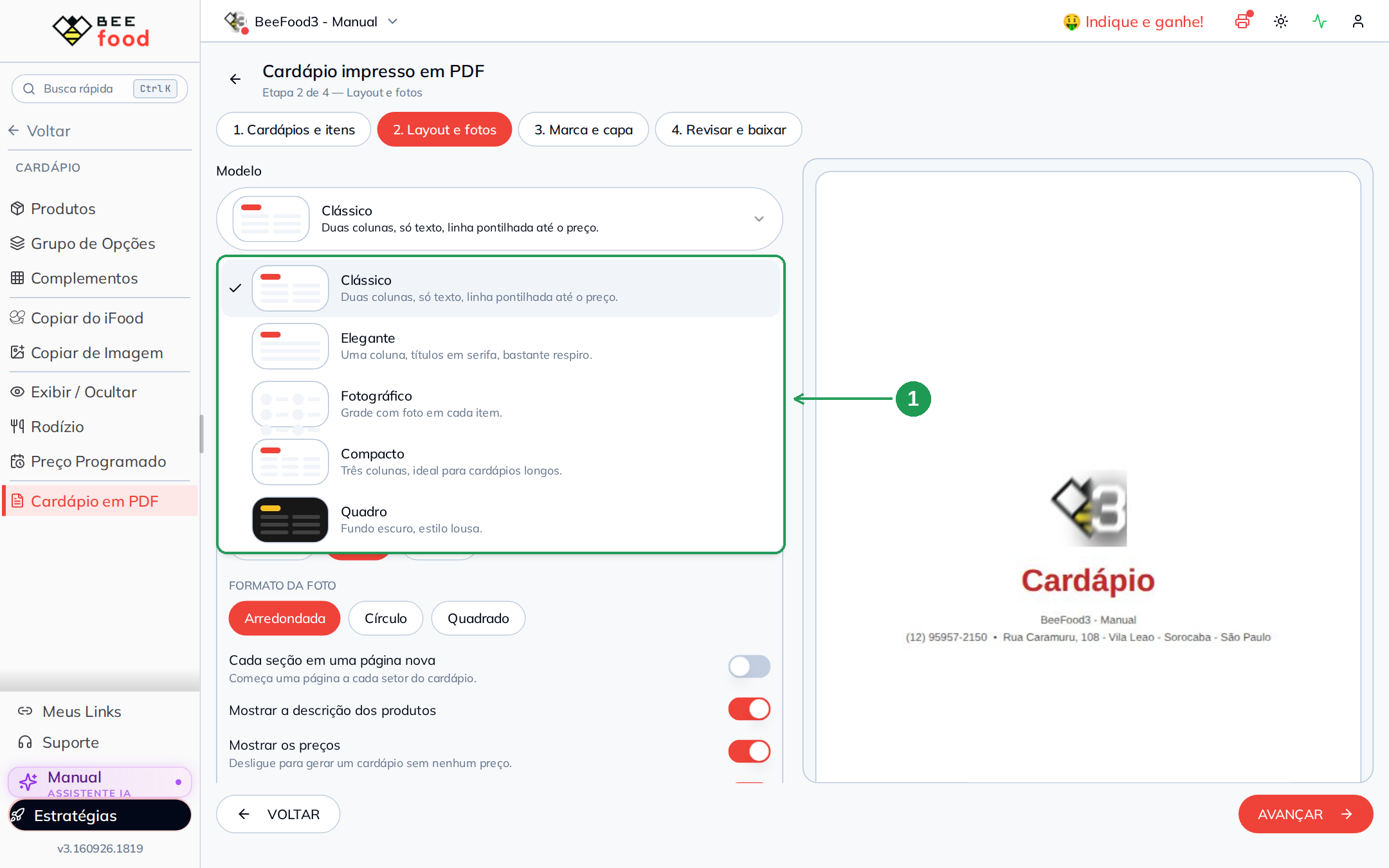 Lista dos cinco modelos de cardápio