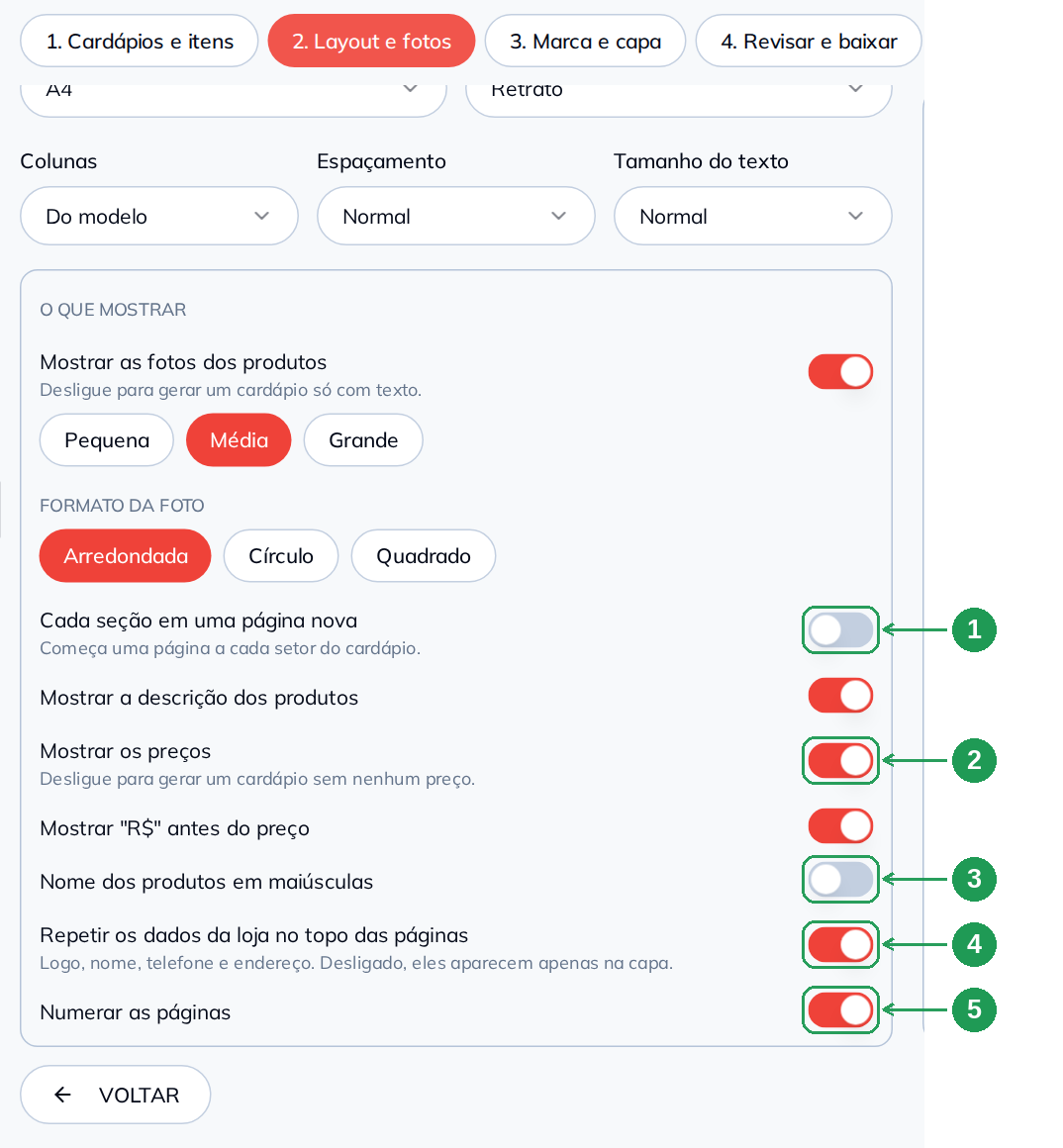 Bloco O que mostrar com as opções do impresso