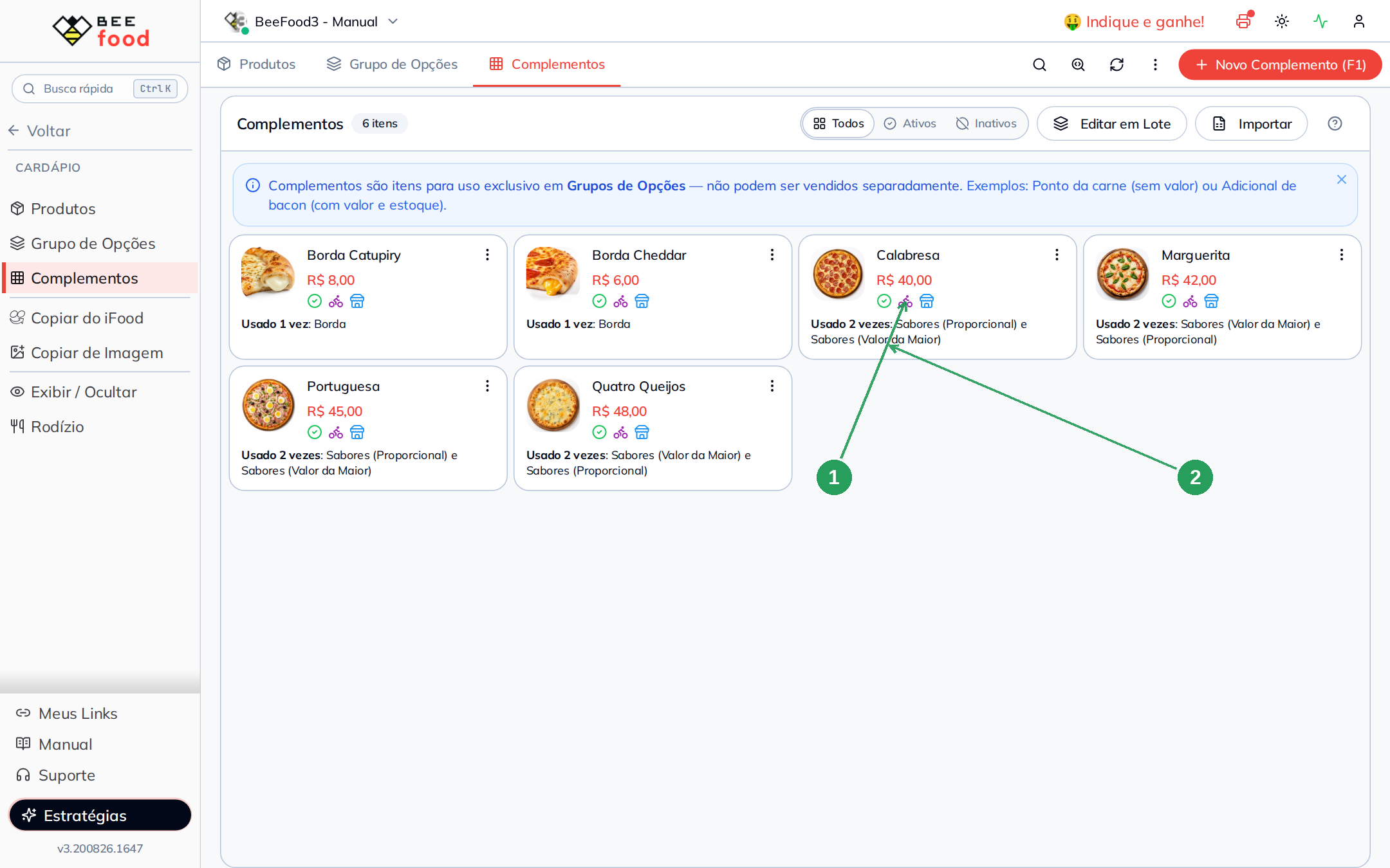 Complementos de sabores de pizza cadastrados